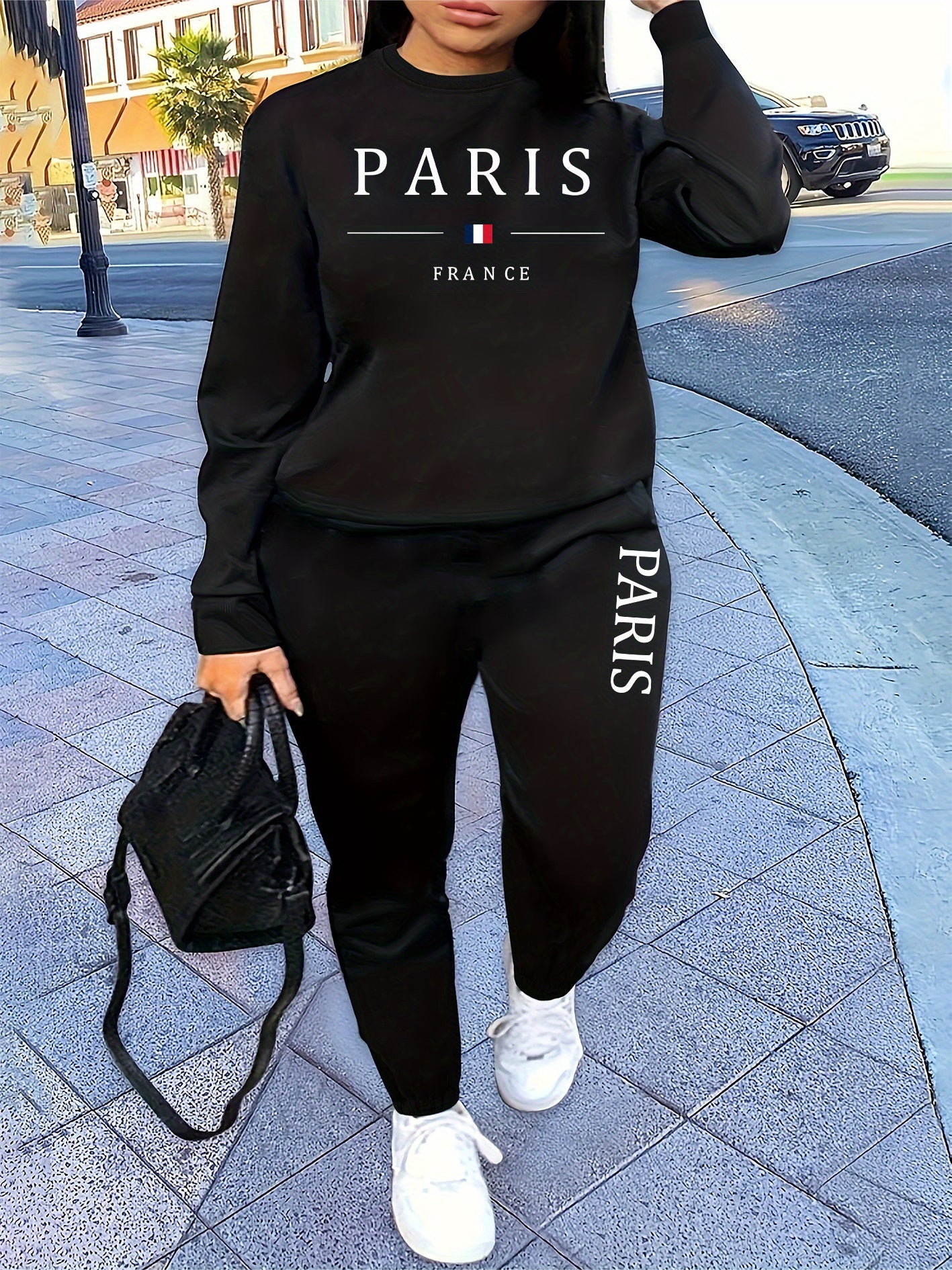 Letter Print Two Piece Set, Crew Neck Sweatshirt & Pants, Women's Clothing