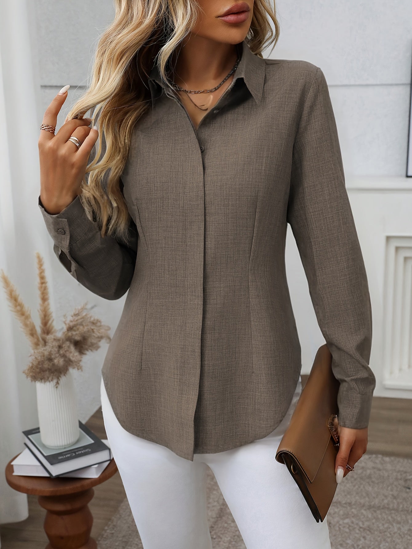 Women'S Elegant Loose-Fit Long Sleeve Blouse - Classic Button-Front Placket, Office & Casual Shirt for Teachers, Professionals - All-Season Everyday & Formal Attire - Easy-Care Women'S Business Blouse, Teacher Wardrobe Essent