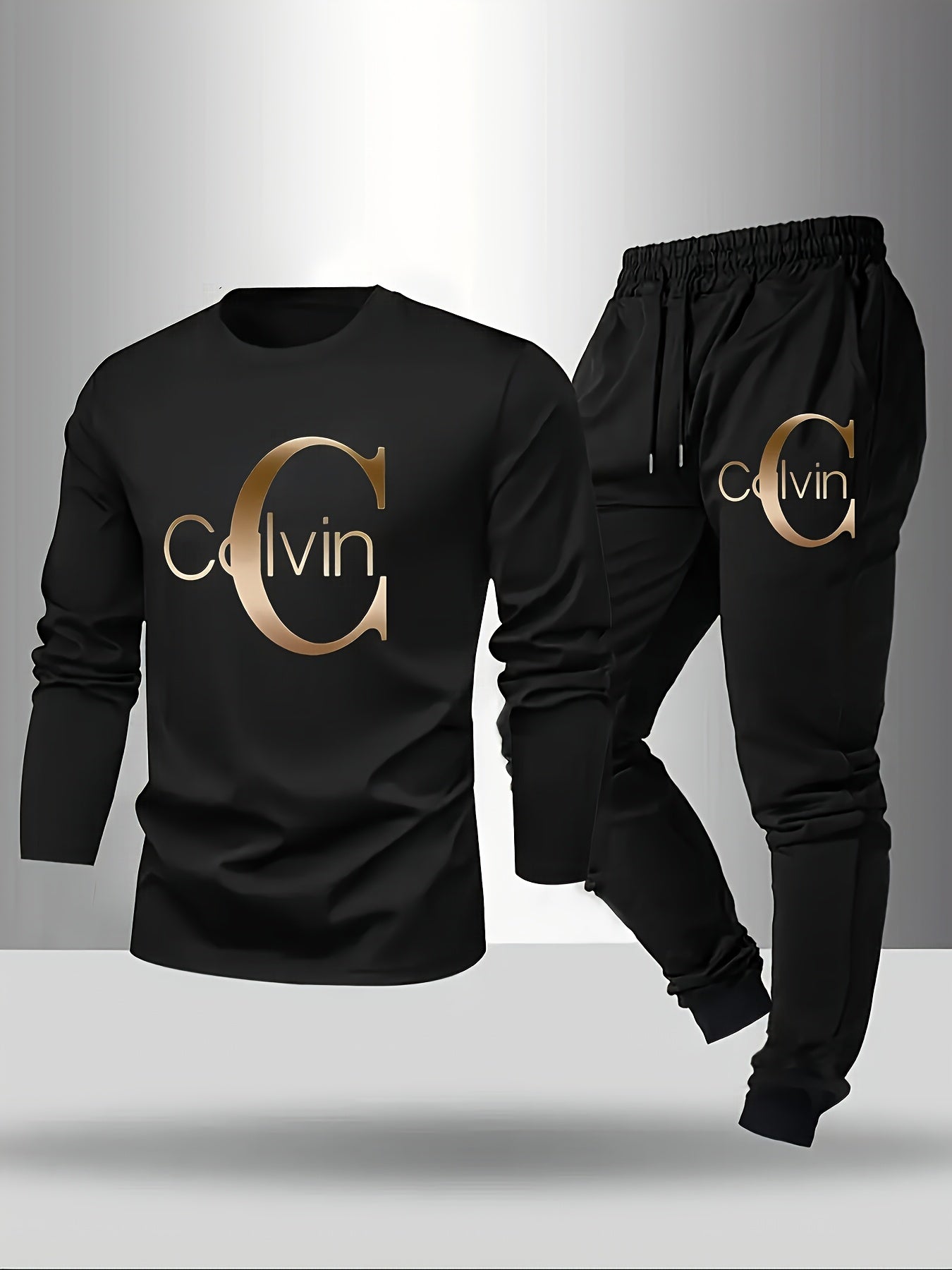 Large Men'S Long Sleeved T-Shirt And Pants Set, Spring/Autumn 2pcs Set with Letter Printed Round Neck Long Sleeved Top+Drawstring Outdoor Casual Sports Pants Set, Plus Size