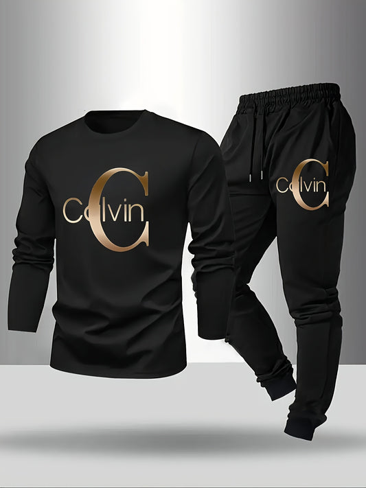 Large Men'S Long Sleeved T-Shirt And Pants Set, Spring/Autumn 2pcs Set with Letter Printed Round Neck Long Sleeved Top+Drawstring Outdoor Casual Sports Pants Set, Plus Size