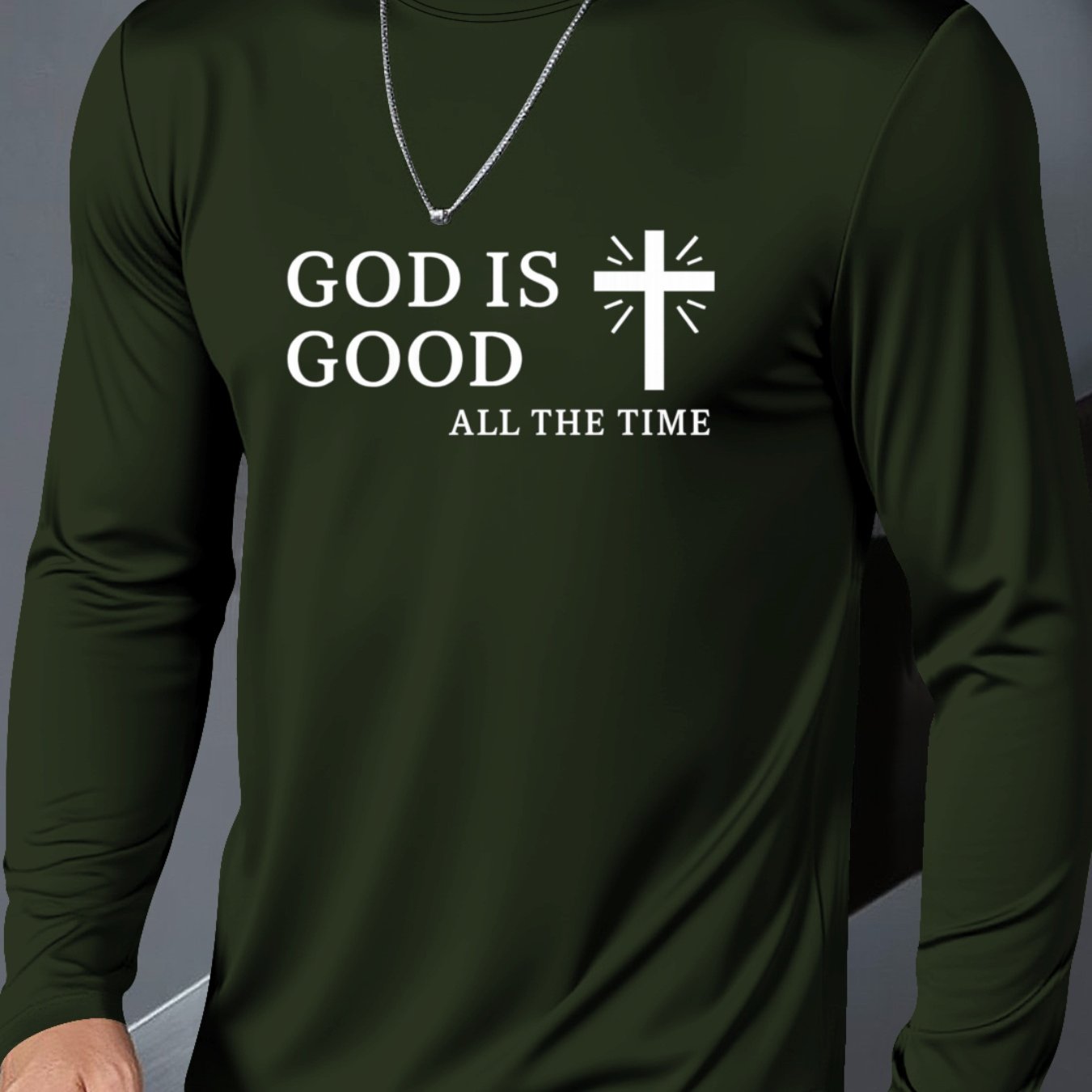 Men's Plus Size Christian Faith T-Shirt - Inspirational "GOD IS GOOD ALL THE TIME" & Cross Print, Breathable Long Sleeve Round Neck Casual Shirt for Church, Casual Attire, Spring/Fall Layering (Adults & Teens) - Comfortable R