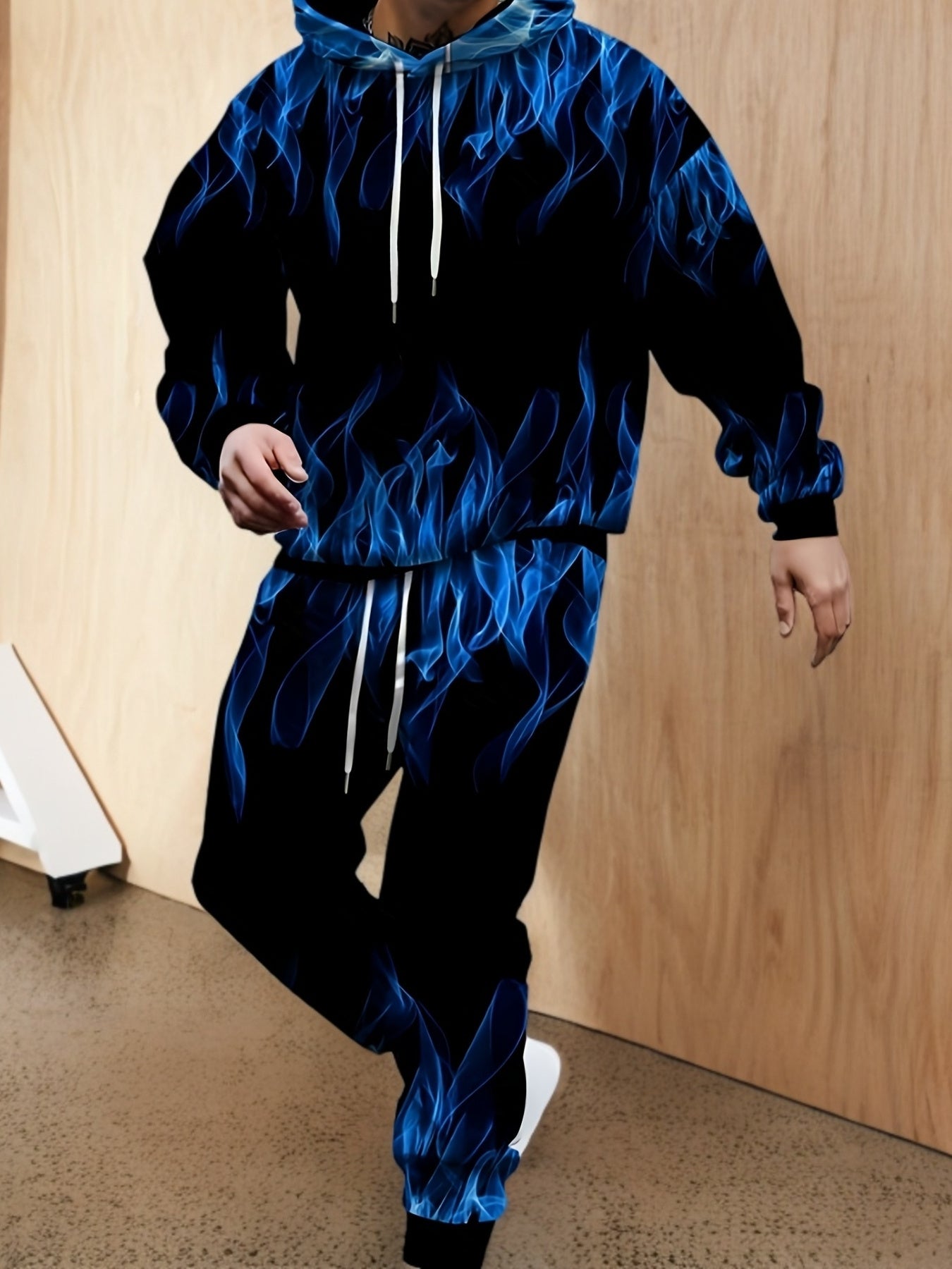 1 Set Men'S Plus Size Casual Athletic Sweatshirt and Pants Set - Vibrant Blue Flame Print, Polyester Knit Fabric, Slight Stretch, Regular Fit, Machine Washable, Ideal for Casual Attire, PLUS SIZE