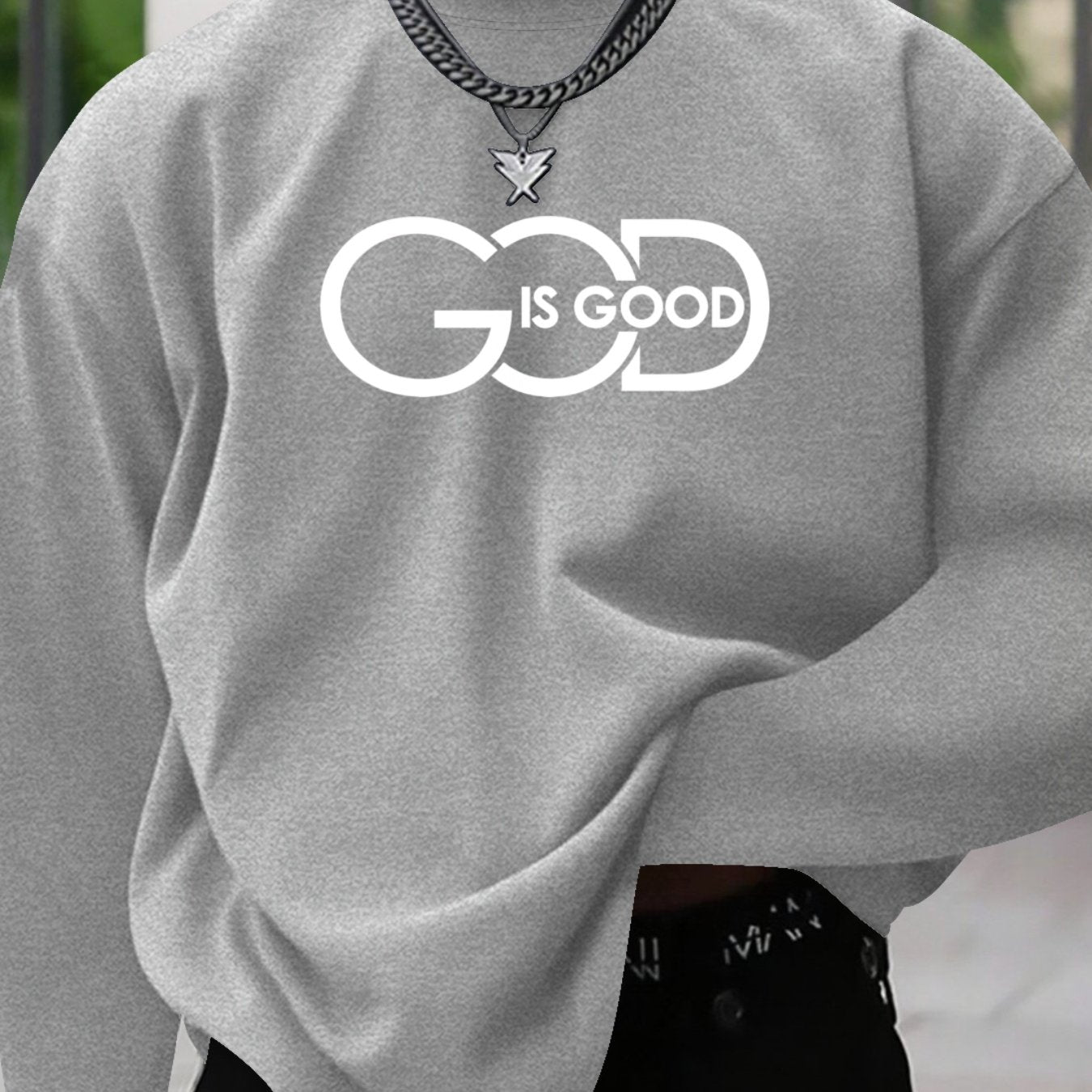 Men's Plus Size "GOD IS GOOD" Graphic Print Long Sleeve T-Shirt - Heather Gray Casual Comfort Fit Round Neck Top for Spring/Fall, Medium Stretch Fabric, PLUS SIZE