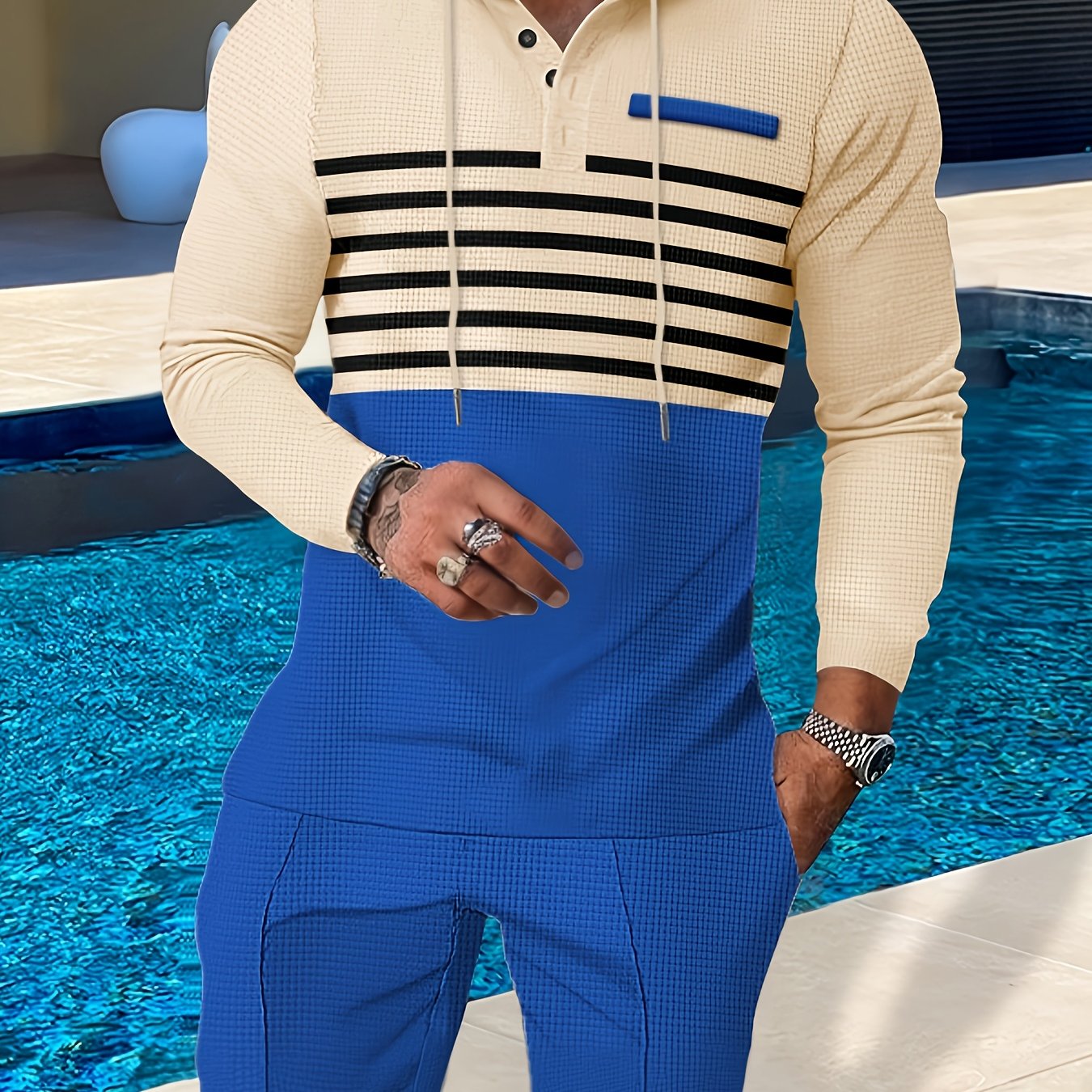 New Men's Casual Set Outdoor Versatile High Fashion Men's Hoodie Color blocked Striped Long Sleeve Top Long Pants Two Piece Set for Men