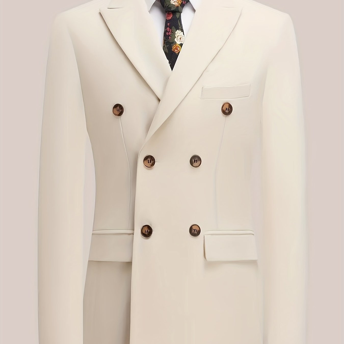 Men's Plus Size Solid White Suit - Double-Breasted Peaked Lapel Business Suit with Tailored Fit, All-Season Formal & Wedding Attire, Machine Washable Tailcoat Style Jacket & Matching Trousers for Men, Beige & Brown Lapel Opti