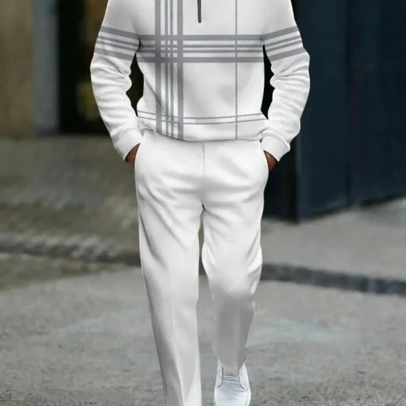 Men'S 3D Print Full-Body Vertical Stripe Two-Piece Set - White & Black Slim-Fit Long Sleeve Sweater & Pants, All-Season Casual & Sporty Outfit for Holiday Parties, Travel, Daily Commute | Modern Formal-to-Casual Wear with Zip