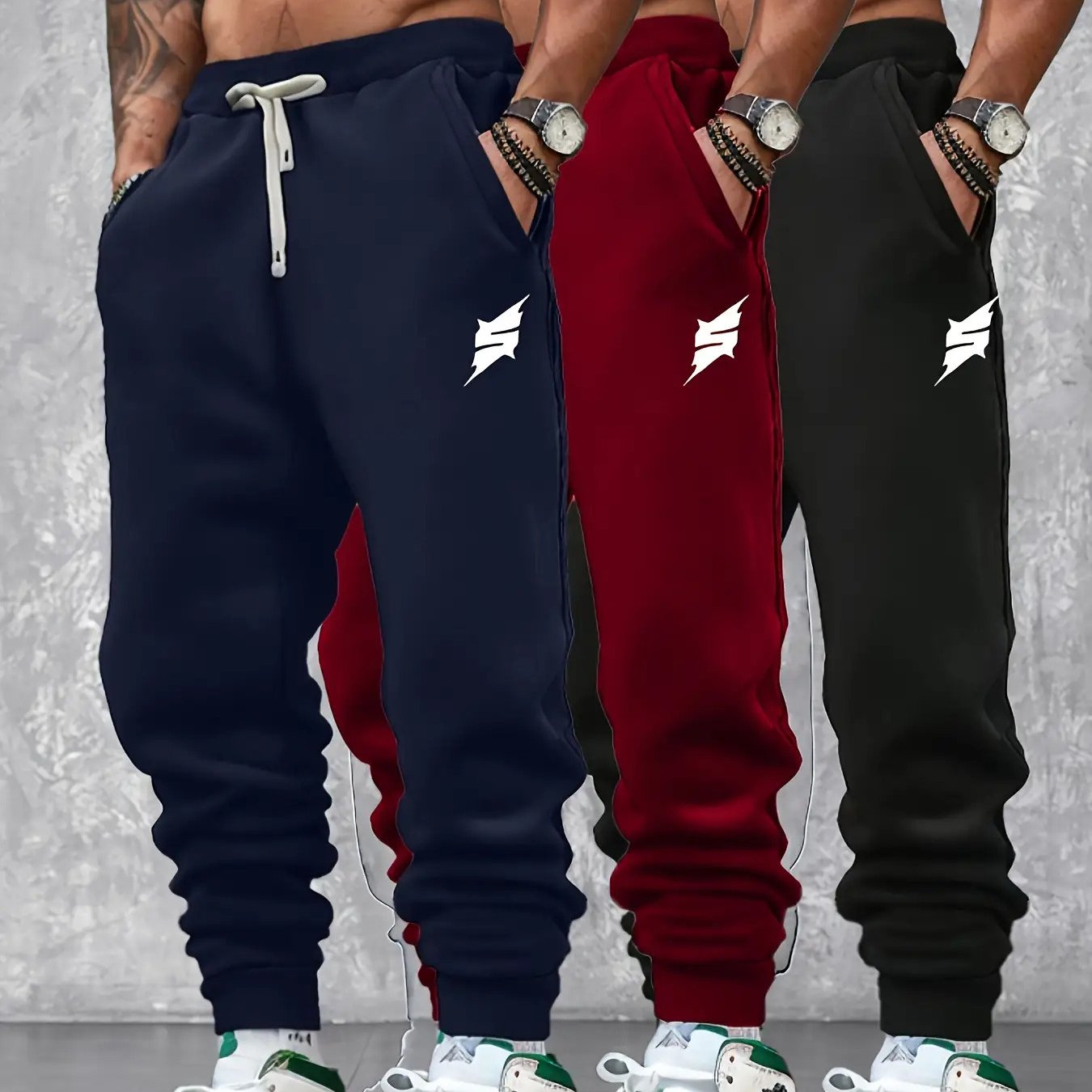 3-Pack Men's Jogging Pants with Belt Loop & - Belt Detail, Geometric Print Casual Trousers, Regular Fit Slight Stretch for Gym, Casual Attire - All-Season (Spring, Summer, Fall) - Corduroy-Like Texture Design, Machine Washabl