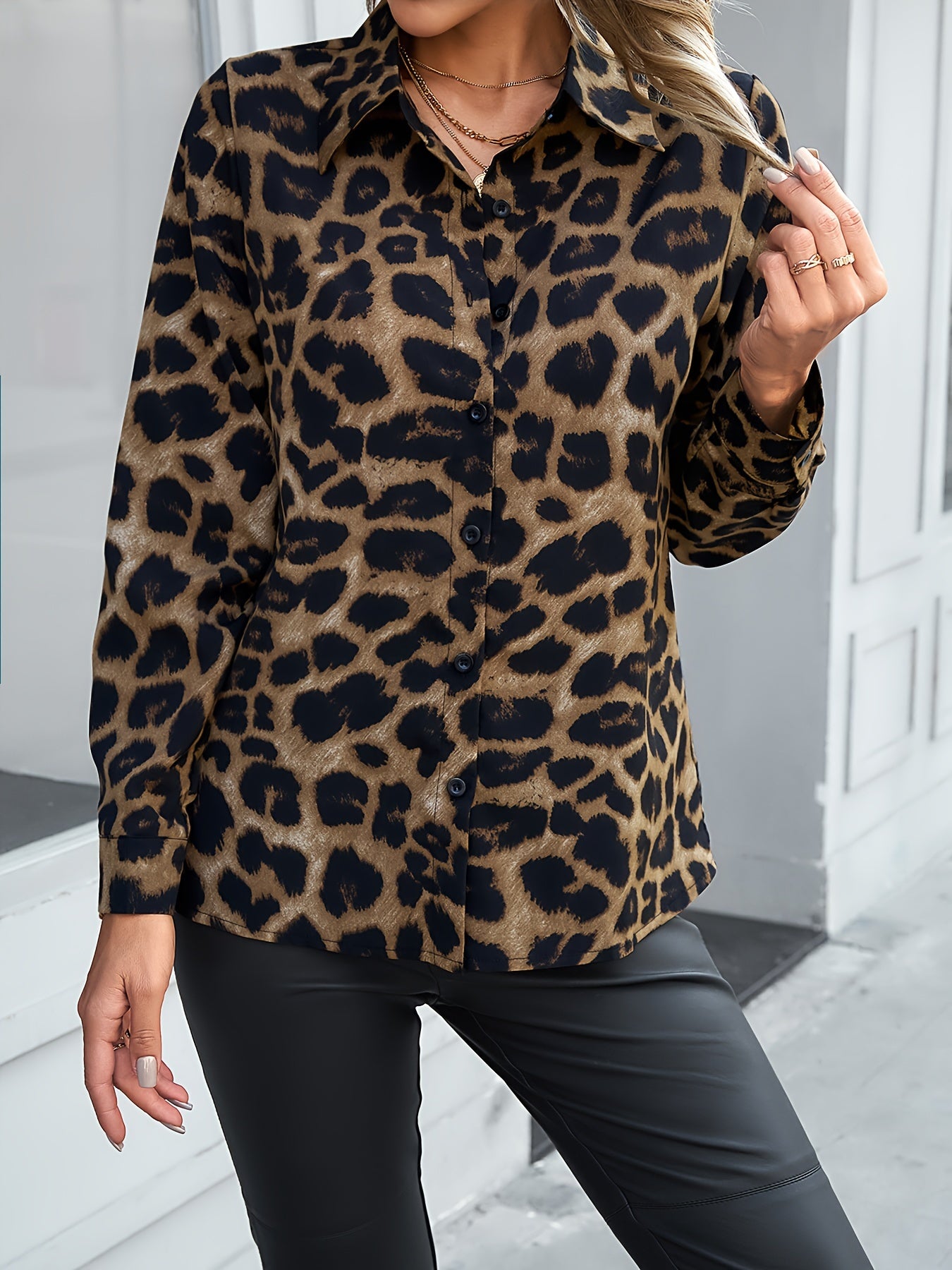 Leopard Print Polo Collar Button Shirt, Casual Long Sleeve Shirt For Spring & Fall, Women's Clothing