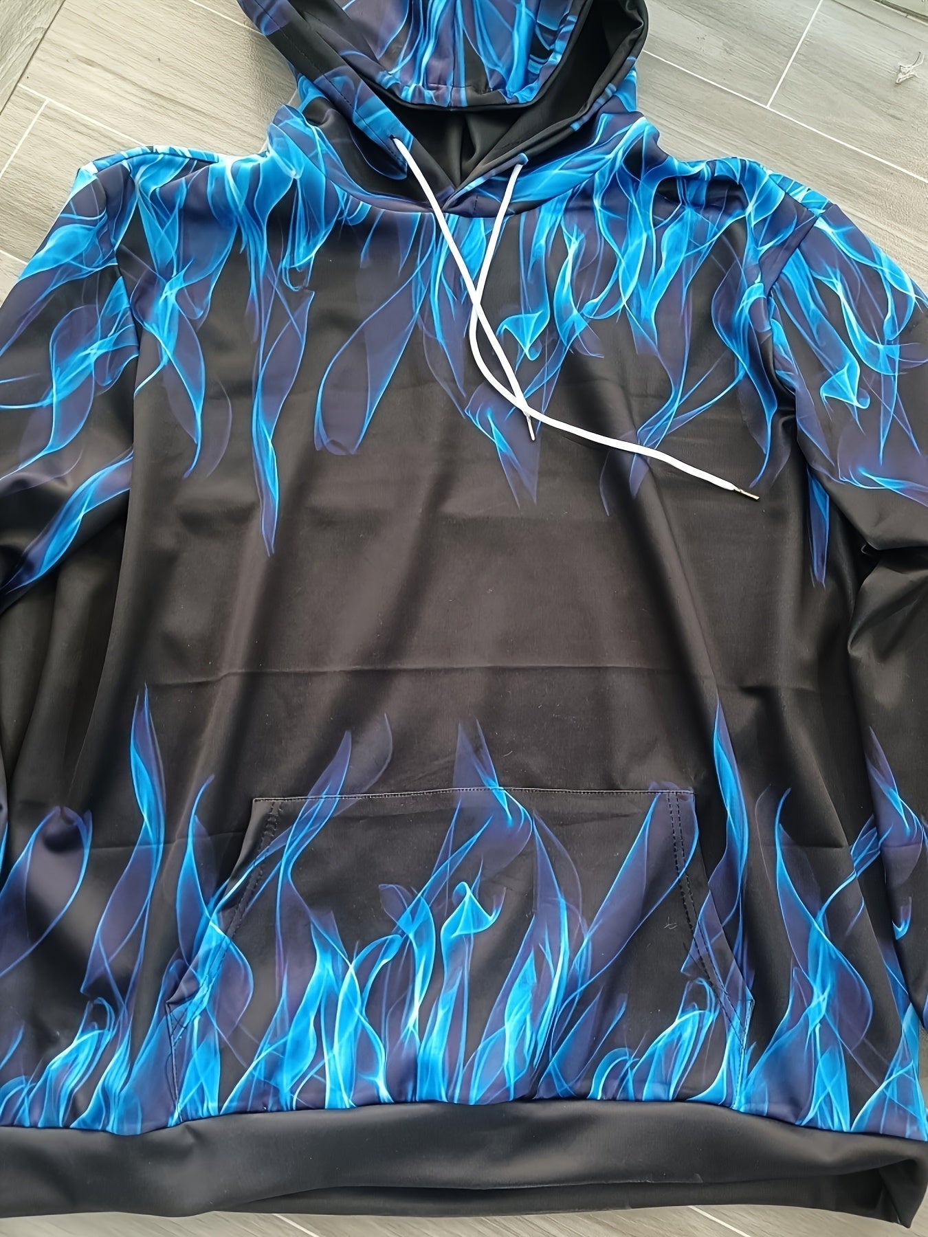 1 Set Men'S Plus Size Casual Athletic Sweatshirt and Pants Set - Vibrant Blue Flame Print, Polyester Knit Fabric, Slight Stretch, Regular Fit, Machine Washable, Ideal for Casual Attire, PLUS SIZE