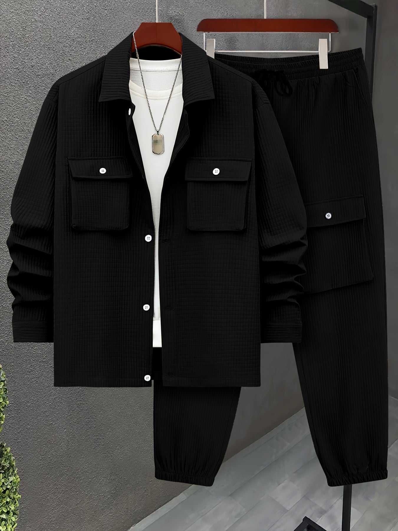 Large Size Men's Casual Long Sleeve Shirt and Trousers Set, PLUS SIZE