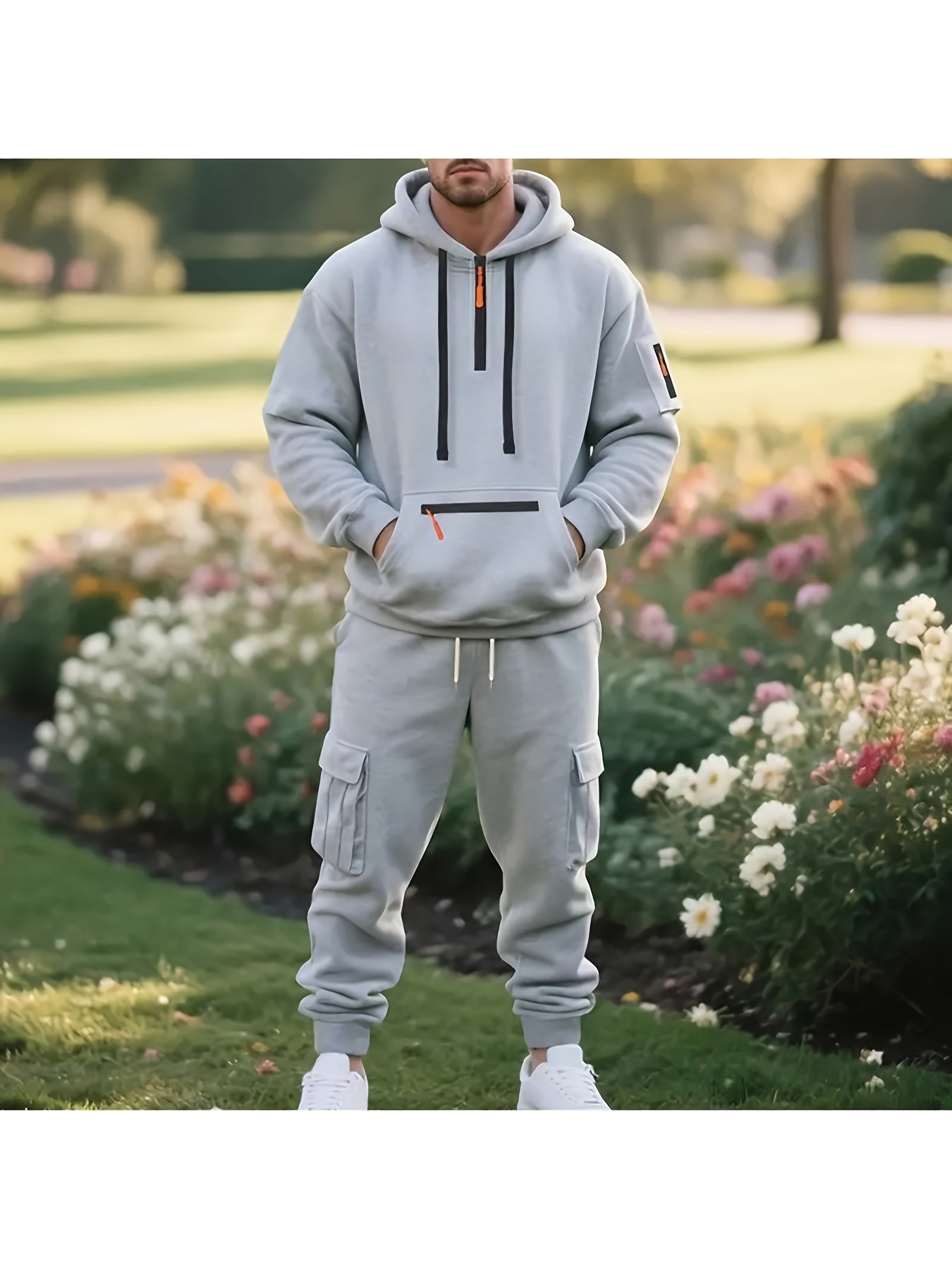 2pcs Men's Oversized Fleece Hooded Set - Heavyweight Warmth Breathable Fleece Jogger Tracksuit with Full-Zip Hoodie & Matching Pants, Grey/Black Casual Athletic Outfit for Gym, Outdoor, Casual Attire - Machine Washable, Round