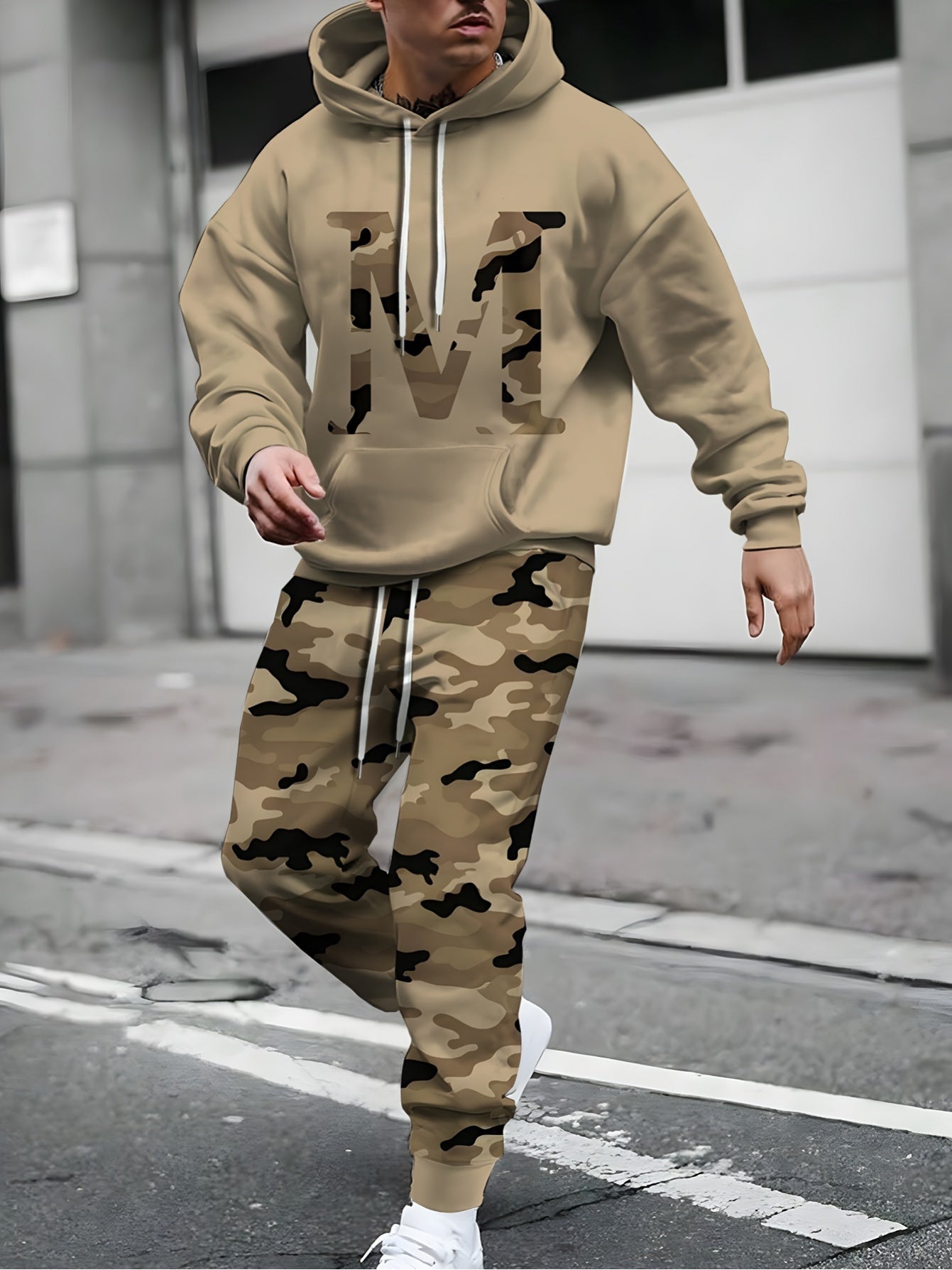 2pcs Men's Plus Size, Casual, Hooded Sports Camouflage, Printed Long Sleeve T-Shirt and Pants Set, Outdoor Wear, Preferred Gift for Someone, Street Style, PLUS SIZE
