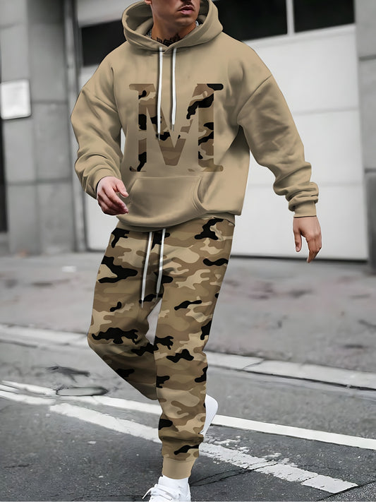 2pcs Men's Plus Size, Casual, Hooded Sports Camouflage, Printed Long Sleeve T-Shirt and Pants Set, Outdoor Wear, Preferred Gift for Someone, Street Style, PLUS SIZE