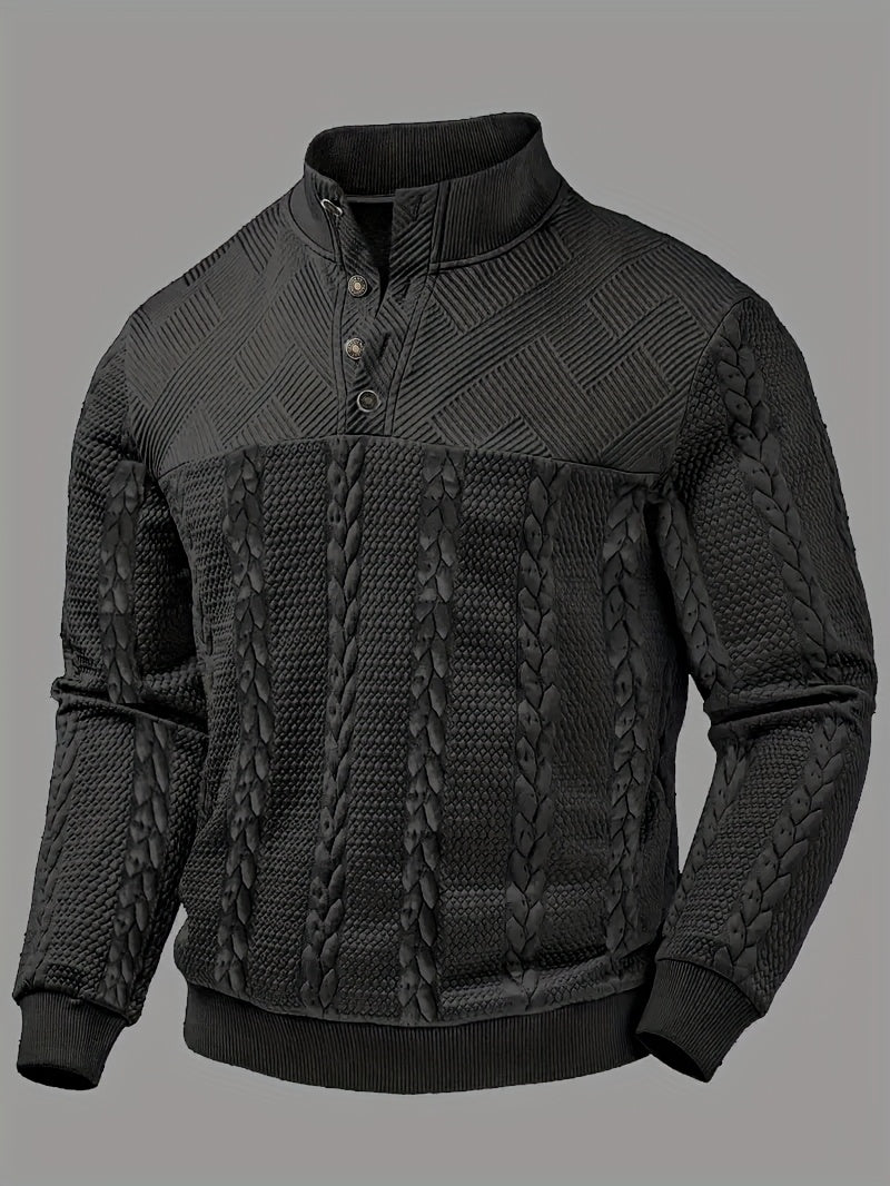 Men'S Jacquard Henley Shirt - Soft Stretch Long Sleeve Pullover with Button Front, Casual Knit Sweater for Fall/Winter, & Striped Design, Regular Fit Outdoor & Casual Attire, Winter Casual Wear | Striped Knitwear | Jacquard T