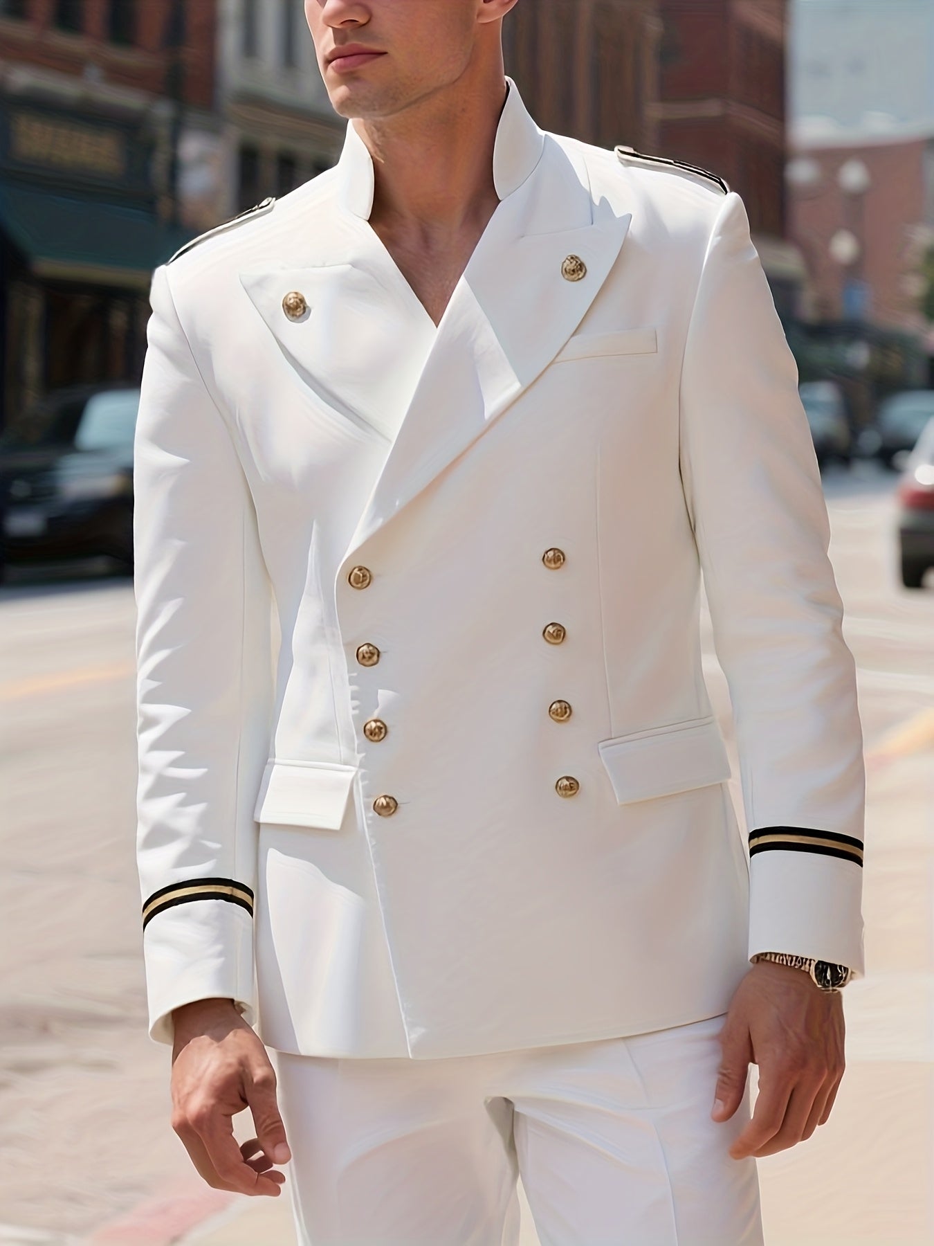 Plus Size Men's Double Breasted Blazer Jacket with Golden-Tone Buttons & Black Stripe Lapel - White -Style Coat, Notch Collar, Machine Washable, All-Season Tailored Fit for Weddings, Proms, Formal Events (No Shrinking), PLUS