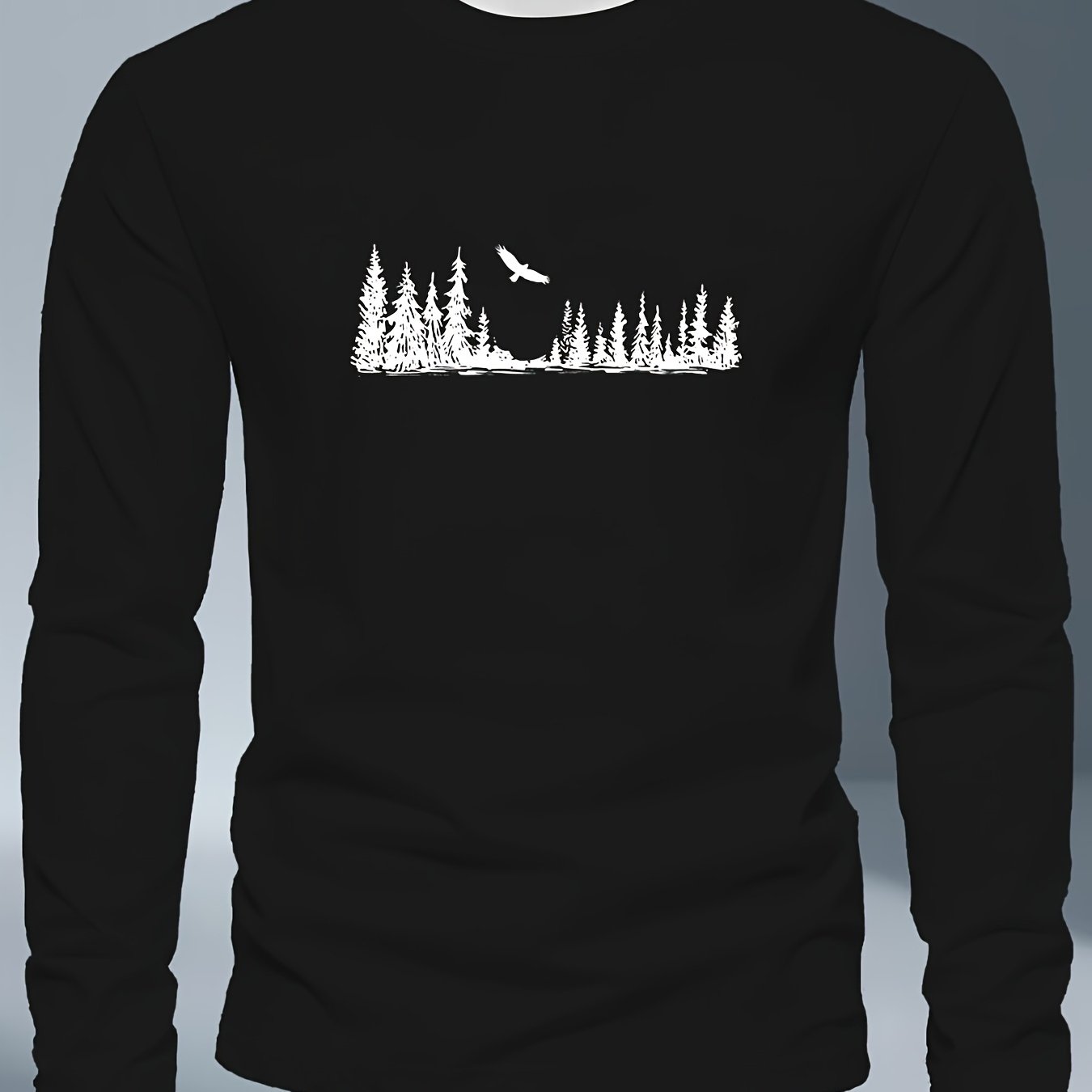 Men's Plus Size Long Sleeve T-Shirt - Navy Blue with Golden Pine Tree & Bird Design - Relaxed Fit Casual Everyday & Formal Wear - Machine Washable Graphic Tee, Durable Fabric Shirt, Versatile Top, Geometric Pattern, Comfortab