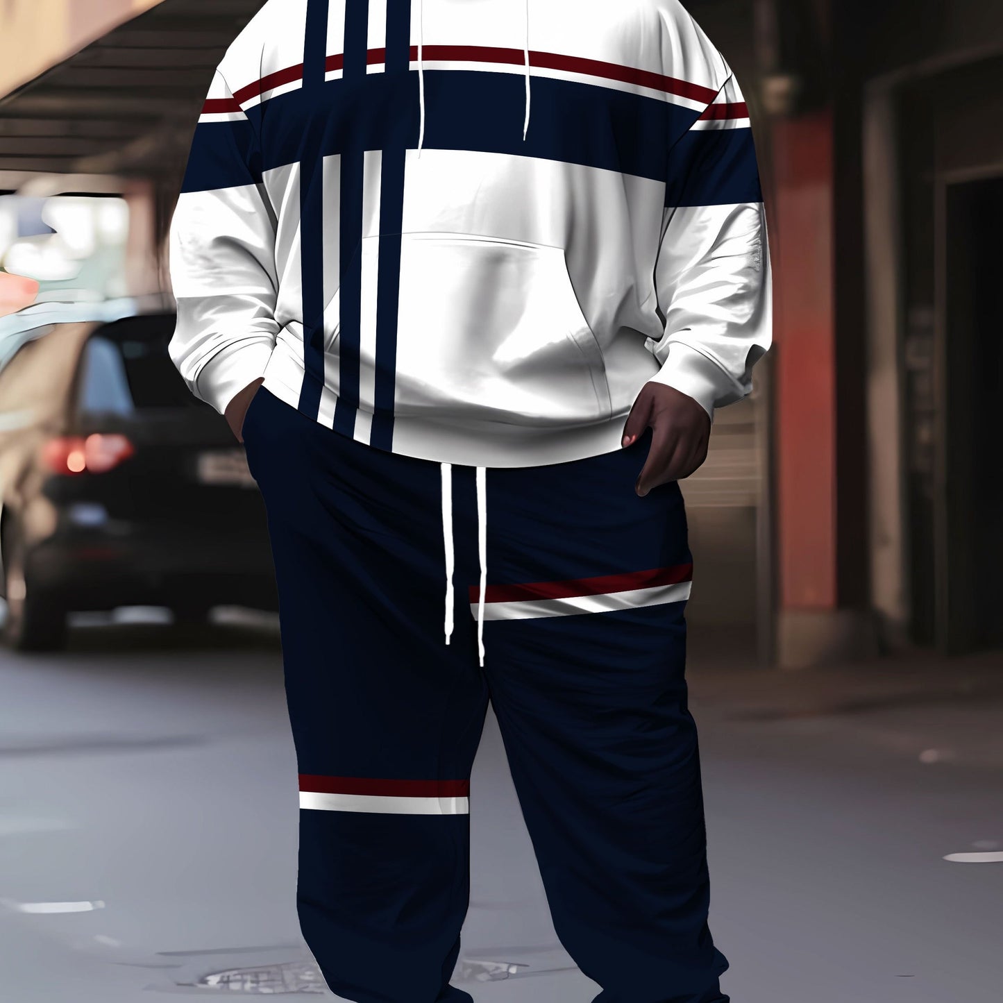 Plus Size 2pcs Men's Fashion Hoodie and Jogger Set with Color Block Stripe Pattern, 3D Print, Perfect for Spring Autumn Winter Wear, Machine Washable, PLUS SIZE