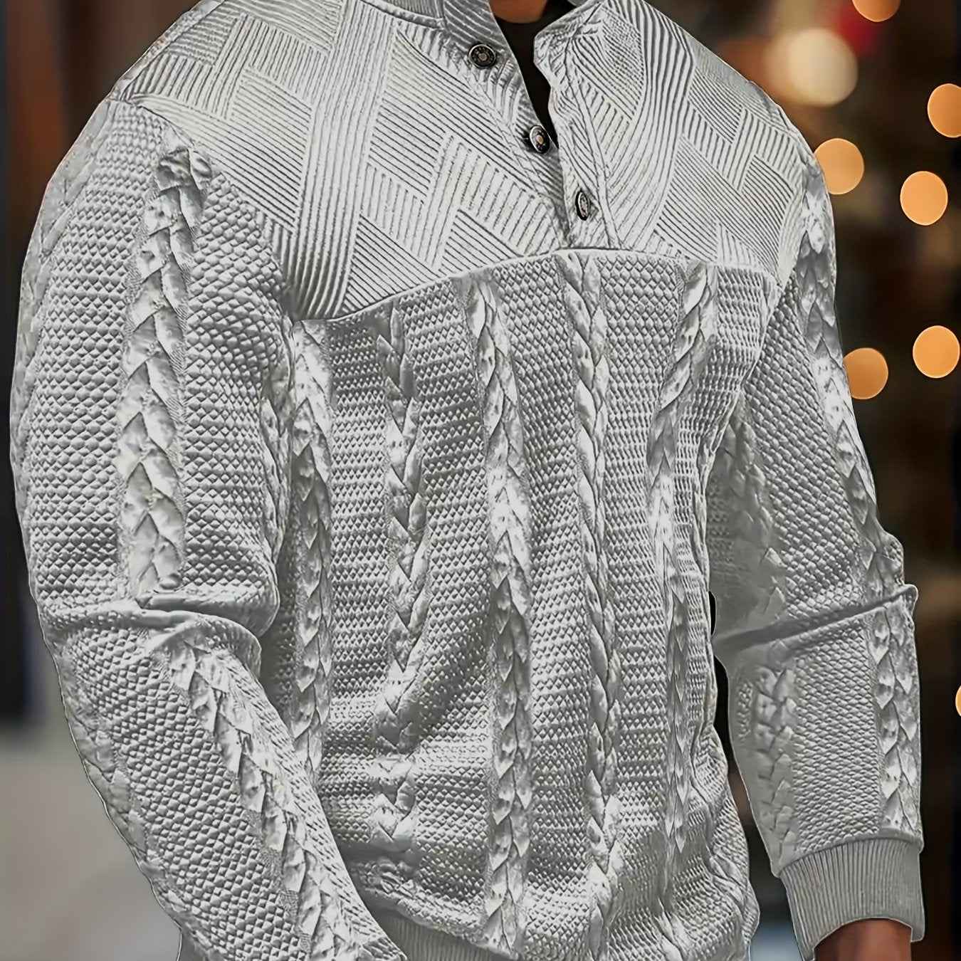 Men'S Jacquard Henley Shirt - Soft Stretch Long Sleeve Pullover with Button Front, Casual Knit Sweater for Fall/Winter, & Striped Design, Regular Fit Outdoor & Casual Attire, Winter Casual Wear | Striped Knitwear | Jacquard T