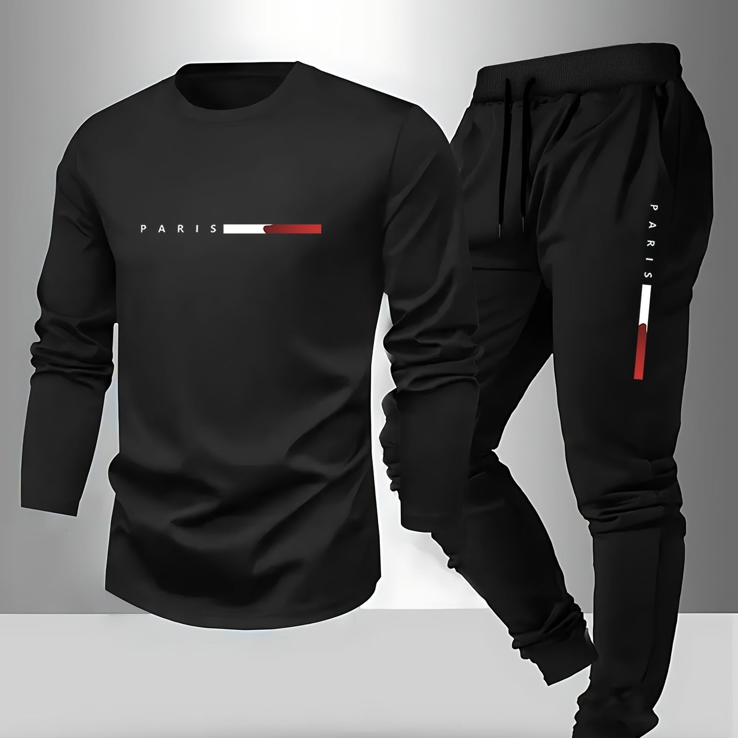 Men'S Casual Athletic Long Sleeve Shirt and Sweatpants Set - Black with White & Red "PARIS" Print, Drawstring Waist, Pockets, Polyester Blend for Golf, Running, Hiking & Outdoor Activities, Golf Attire, Sporty Look, Durable F