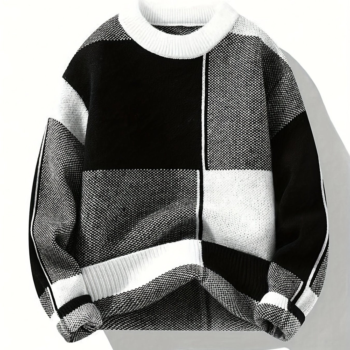 Men'S Casual Color Block Long Sleeve Sweater - Black & White Striped Design, Round Neck, Medium Stretch, Fall/Winter Wear, Regular Fit for Casual Attire, Comfortable Clothing | Stylish Casualwear | Mediumstretch Fabric, Sweat