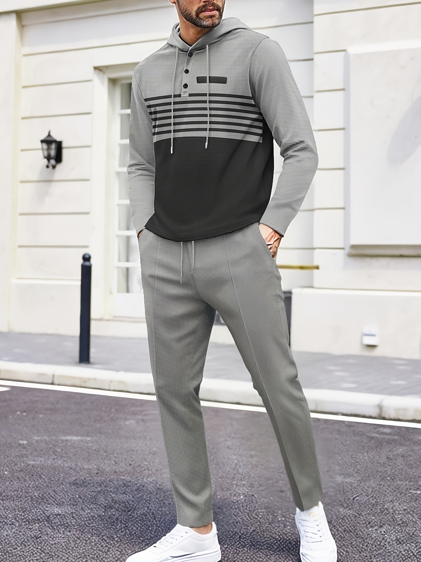 New Men's Casual Set Outdoor Versatile High Fashion Men's Hoodie Color blocked Striped Long Sleeve Top Long Pants Two Piece Set for Men