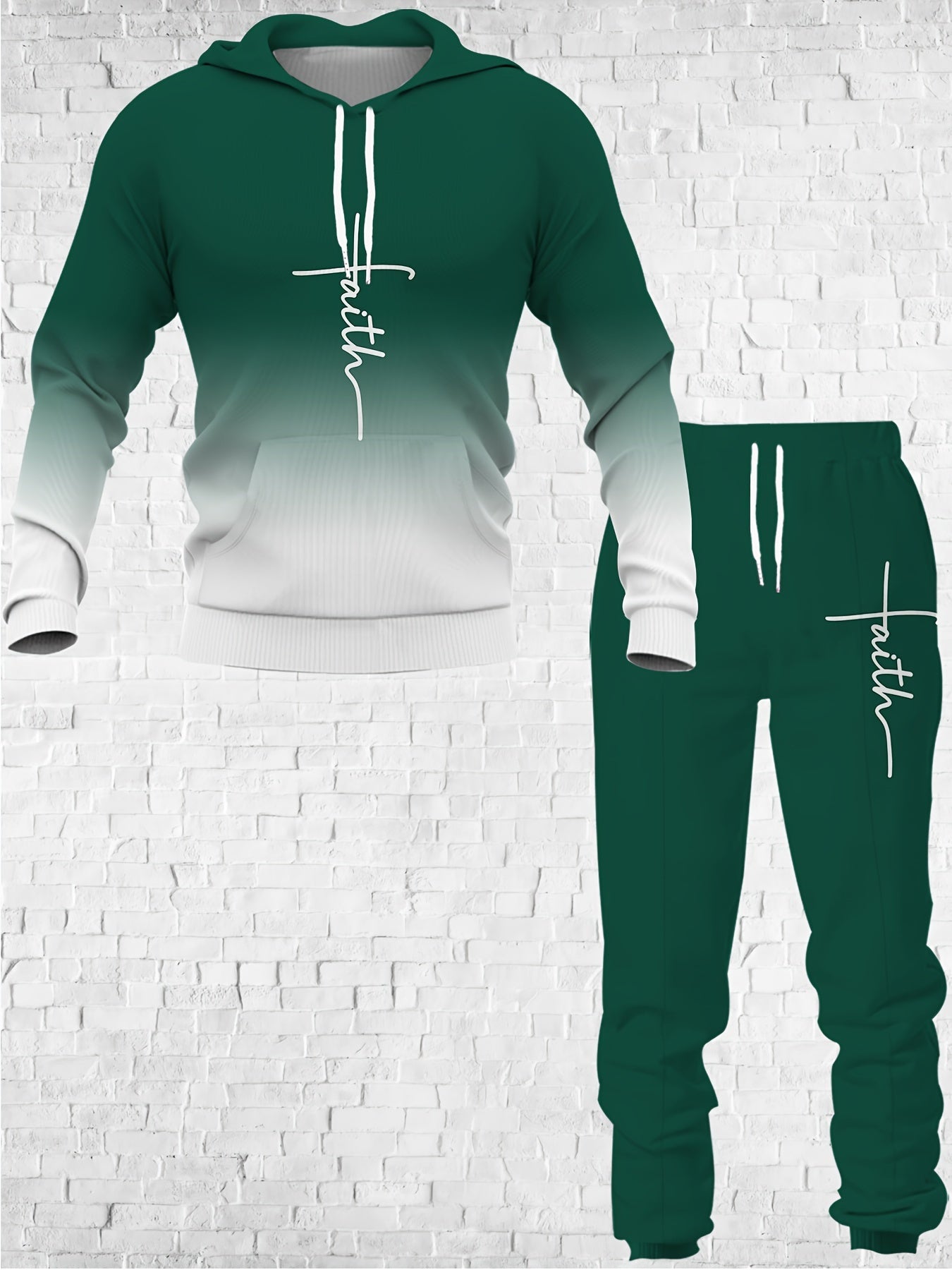 2pcs Gradient Letter 3D Digital Print Hooded Sweatshirt & Sweatpants Set - Unisex Couple Matching Outfits, Green to White Ombre with Faith Lettering, Full-Zip Hoodie & Elastic Waist Joggers, Machine Washable Casual Gym & Casu