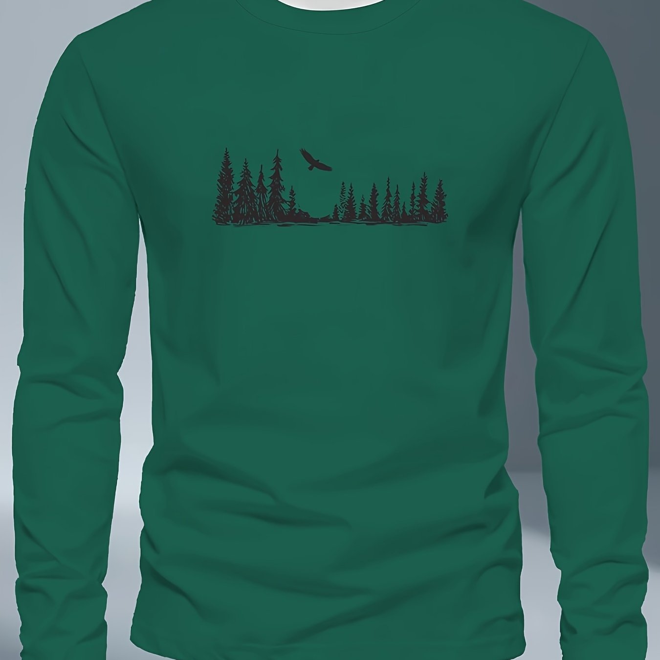 Men's Plus Size Long Sleeve T-Shirt - Navy Blue with Golden Pine Tree & Bird Design - Relaxed Fit Casual Everyday & Formal Wear - Machine Washable Graphic Tee, Durable Fabric Shirt, Versatile Top, Geometric Pattern, Comfortab