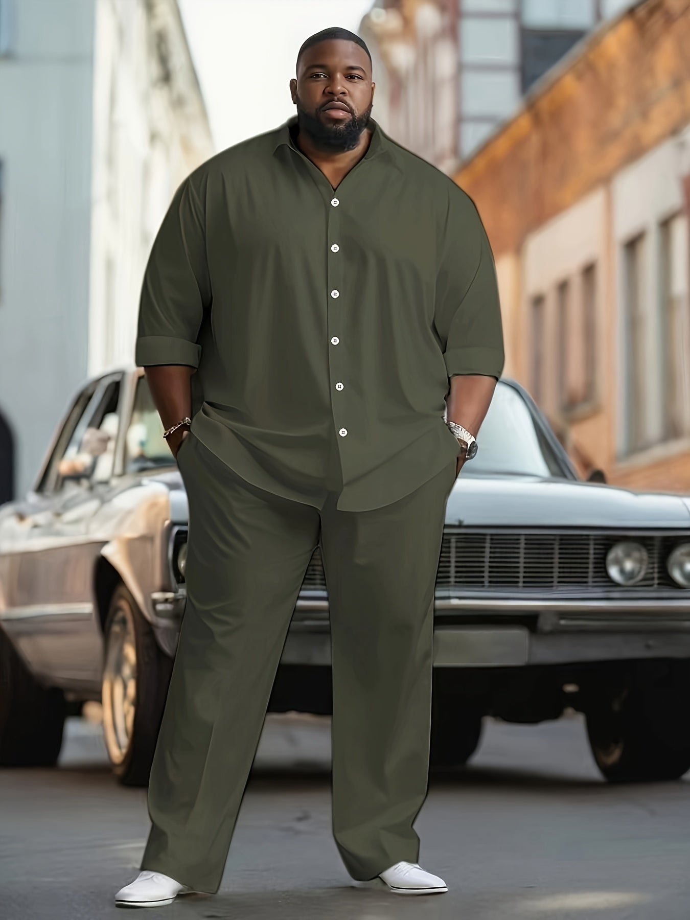 Plus Size Men's Sets, Long Sleeve Shirt & Trousers, Casual Suit Polyester Machine Washable, Lapel Stretch Outfit, Big & Tall Men, Stylish Comfort, Casual Wear, Work Attire, Stylish Set, Versatile Outfit, Comfortable Fit, Brea