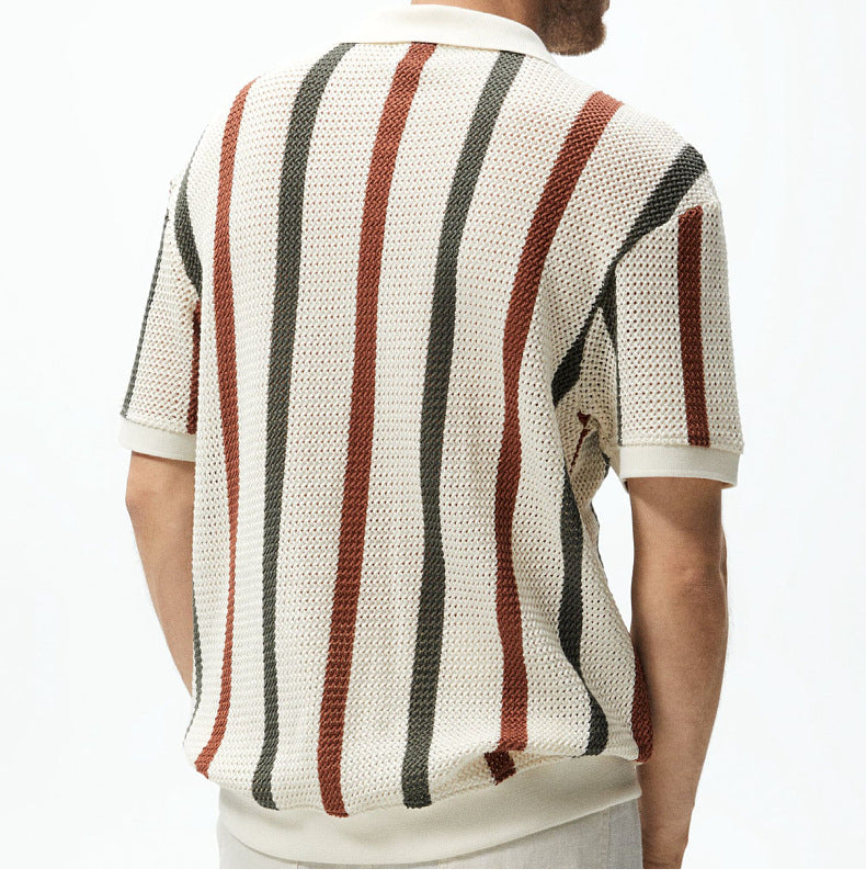 Men's Summer Chunky Knit Short-Sleeve Polo Shirt With Stripes And Contrast Colors, Casual Wear For Daily Outings