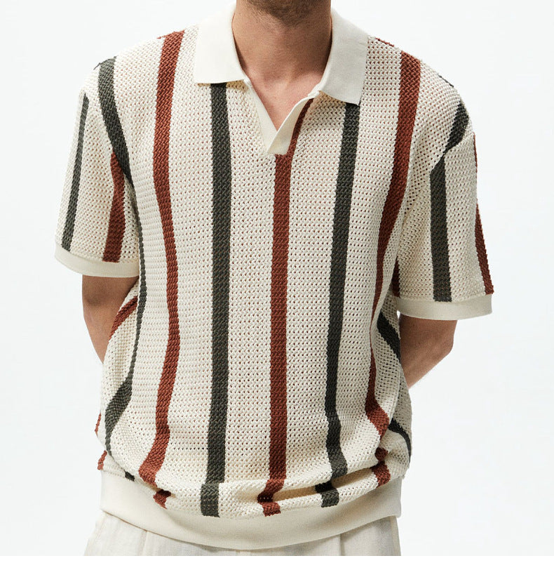 Men's Summer Chunky Knit Short-Sleeve Polo Shirt With Stripes And Contrast Colors, Casual Wear For Daily Outings