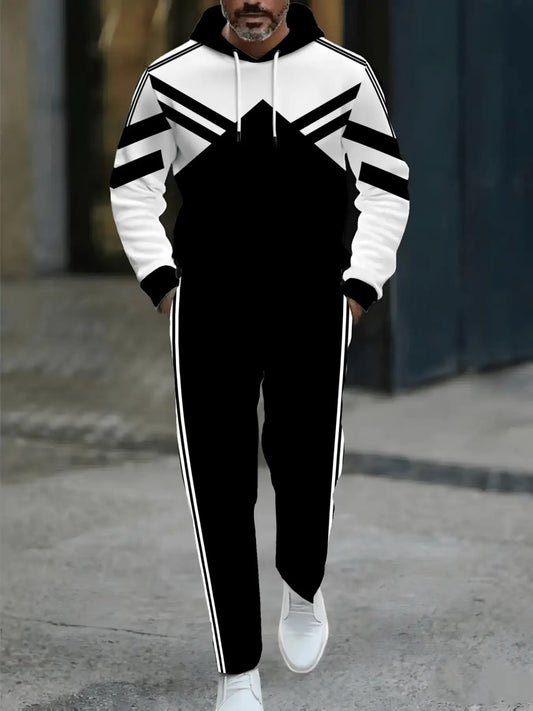 2pcs Men'S Plus-Size Hoodie & Pants Set - Black & White Geometric Pattern, Regular Fit Casual Sportswear for Outdoor Activities, Spring & Autumn, Back-to-School Essentials, Comfortable Clothing | Sporty Look | Durable Fabric,