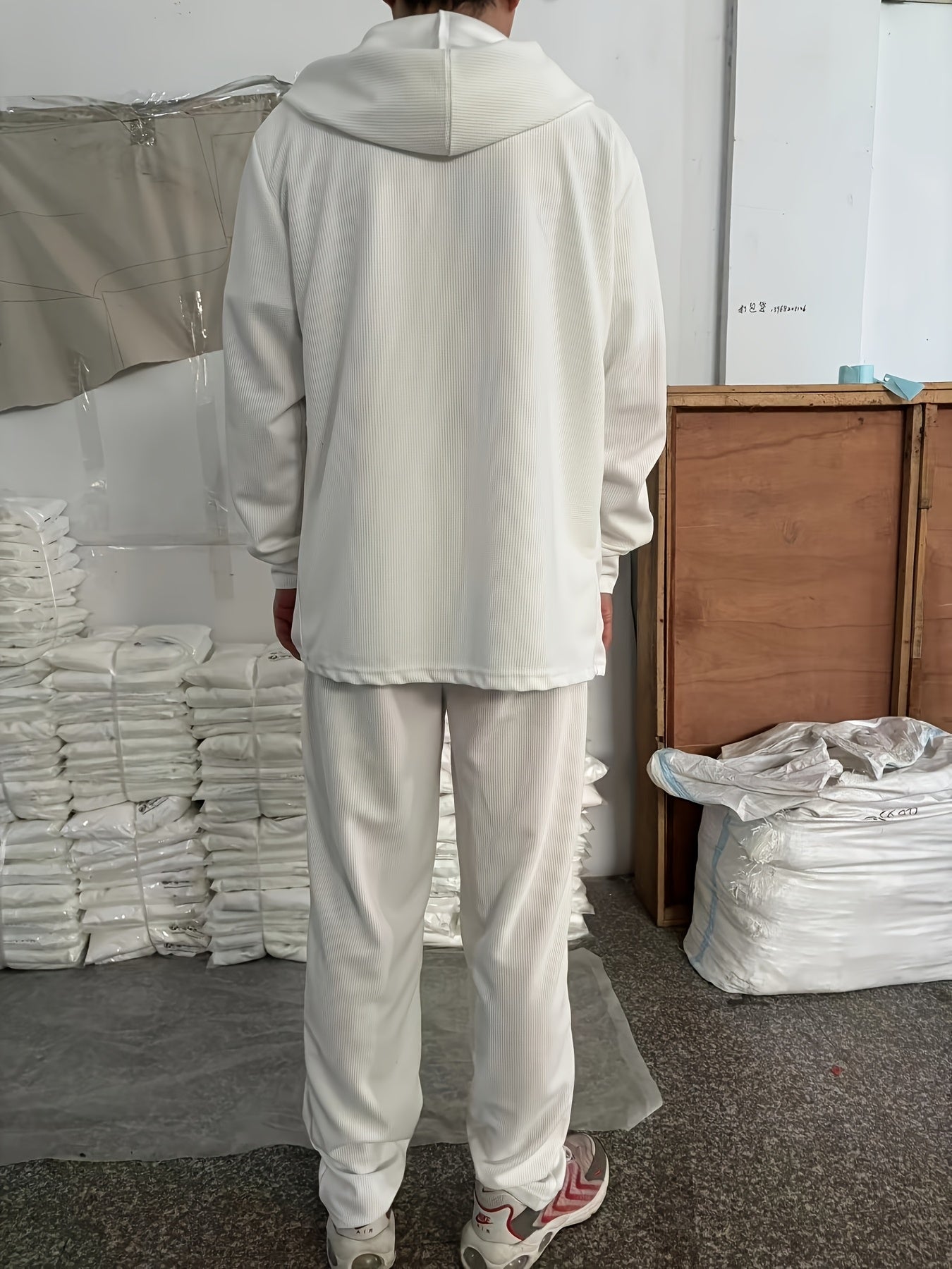 Men's Two-Piece Waffle Knit Set with Hooded Button-Up Cardigan and Drawstring Sweatpants Casual Wear Comfortable Outfit for Spring/Autumn