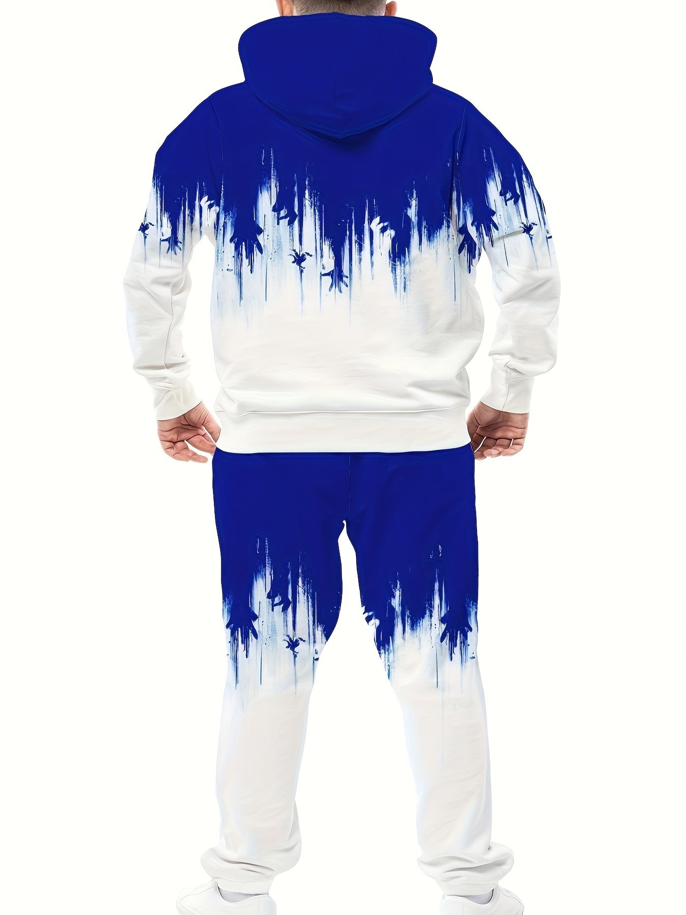 Men'S Plus Size Hoodie and Pants Set - Stylish Blue & White Geometric Print, Regular Fit, All-Over Design, Slight Stretch Fabric, Perfect for Casual Wear, PLUS SIZE