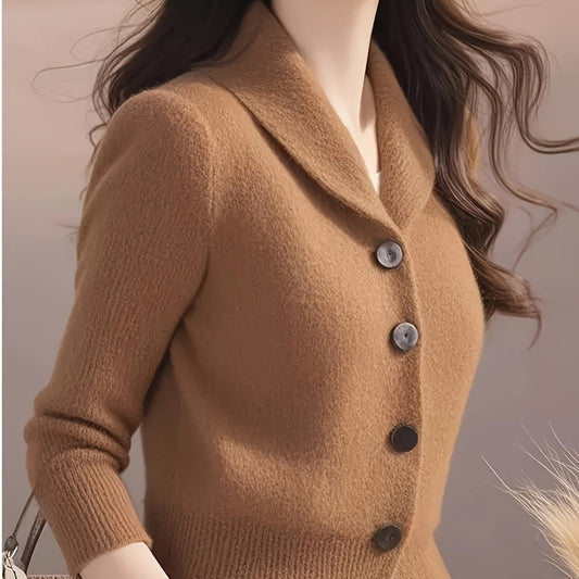 Women's Elegant Mustard-Yellow Cardigan - Long Sleeve Button-Front Design with Black Buttons, Turn- Collar & Ribbed Cuffs, All-Season Versatile Sweater for Casual or Formal Outfits, Layering Piece, Formal Attire, Sophisticate