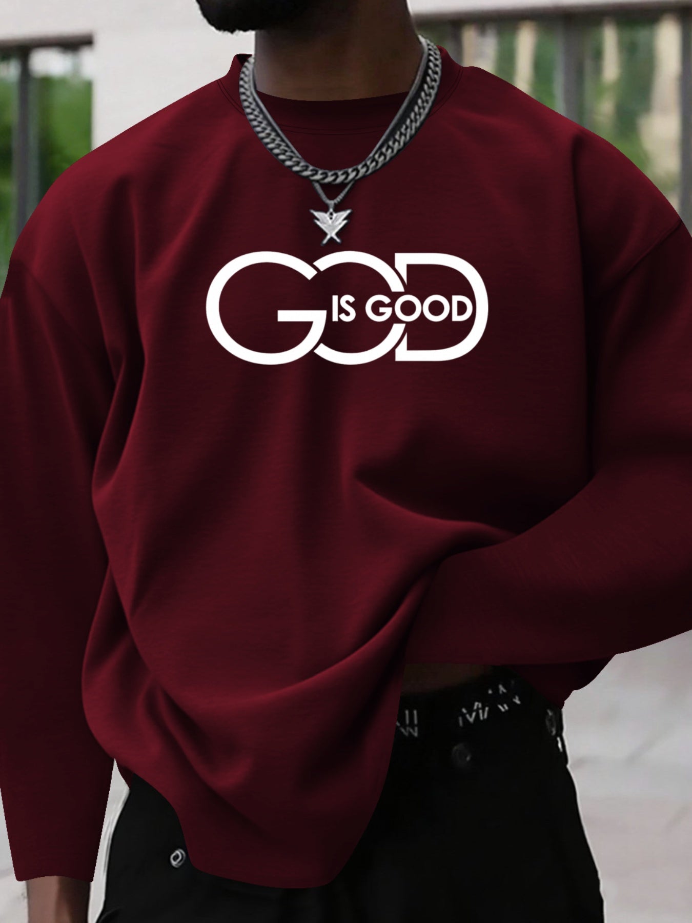 Men's Plus Size "GOD IS GOOD" Graphic Print Long Sleeve T-Shirt - Heather Gray Casual Comfort Fit Round Neck Top for Spring/Fall, Medium Stretch Fabric, PLUS SIZE