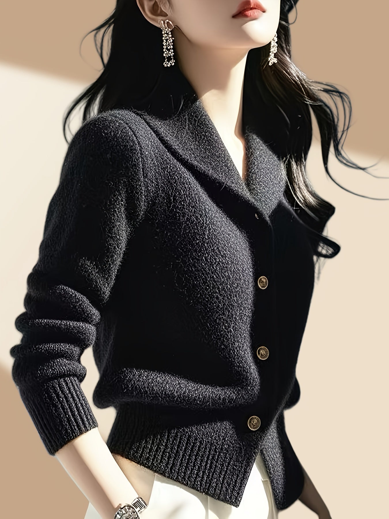 Women's Elegant Mustard-Yellow Cardigan - Long Sleeve Button-Front Design with Black Buttons, Turn- Collar & Ribbed Cuffs, All-Season Versatile Sweater for Casual or Formal Outfits, Layering Piece, Formal Attire, Sophisticate