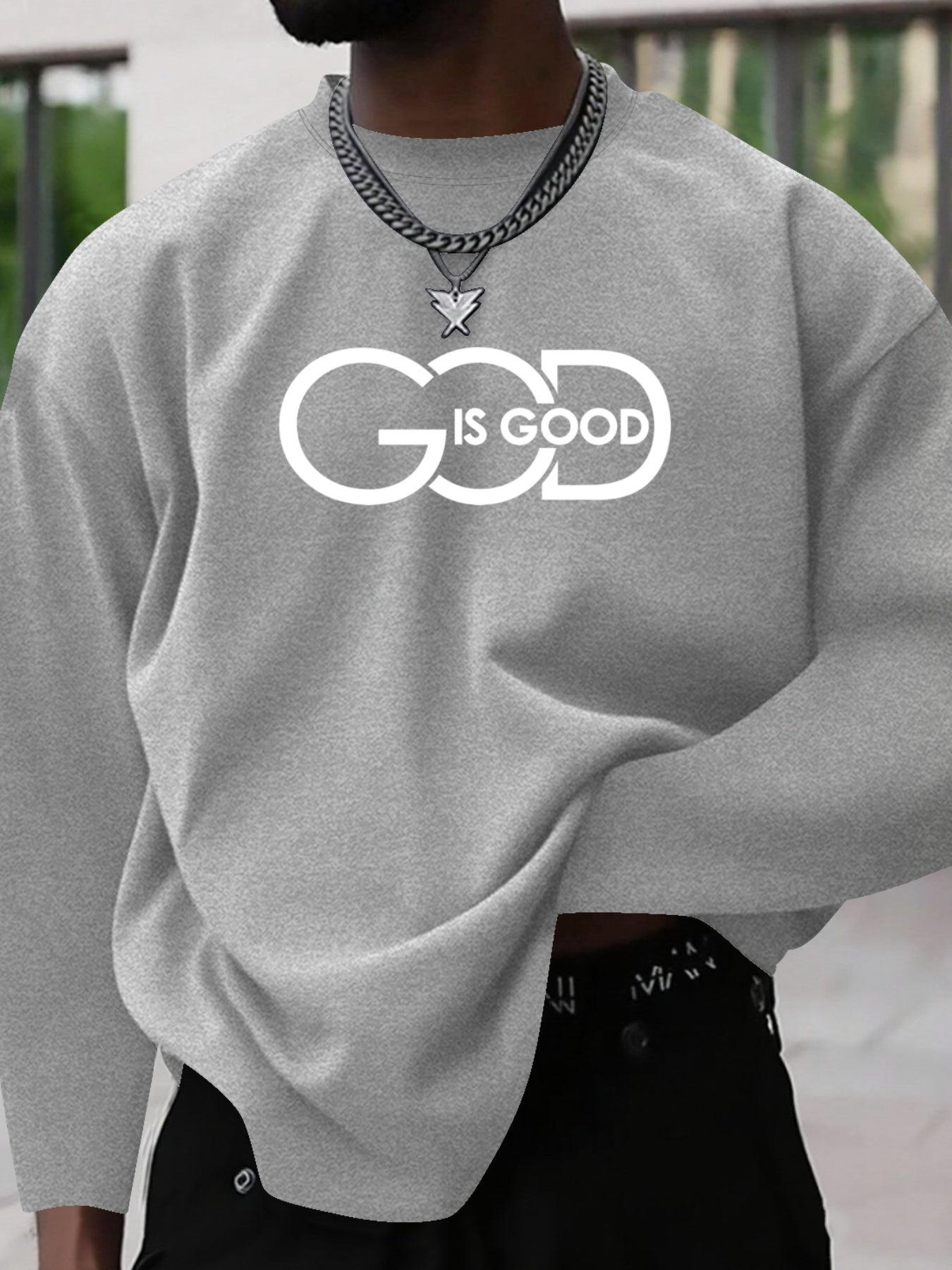 Men's Plus Size "GOD IS GOOD" Graphic Print Long Sleeve T-Shirt - Heather Gray Casual Comfort Fit Round Neck Top for Spring/Fall, Medium Stretch Fabric, PLUS SIZE