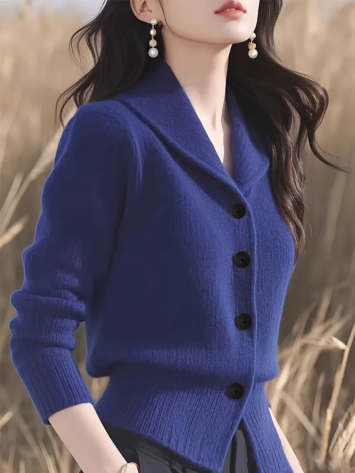 Women's Elegant Mustard-Yellow Cardigan - Long Sleeve Button-Front Design with Black Buttons, Turn- Collar & Ribbed Cuffs, All-Season Versatile Sweater for Casual or Formal Outfits, Layering Piece, Formal Attire, Sophisticate