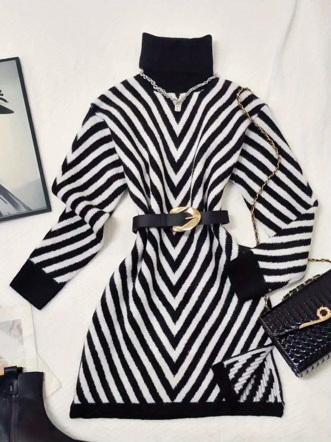 Women'S Elegant Long Sweater - Chic Black & White diagonal stripes, High Neck Longline Top for Fall/Winter, Office, Party, Everyday Outfits - No Belt Needed, Easy-Care Women'S Clothing, Ladies Sweaters, Winter Wardrobe, Drop