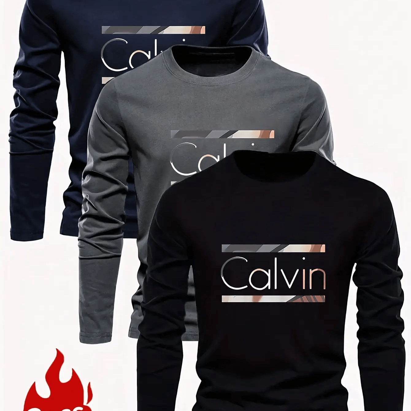 3pcs Set Men'S Plus Size Long Sleeve T-Shirts - Wrinkle-Resistant Polyester, Blue/Gray/Black with Golden Letter Print, Stand Collar Casual Shirts for Spring & Fall, Versatile for Parties & Casual Attire, Anti-Wrinkle Technolo