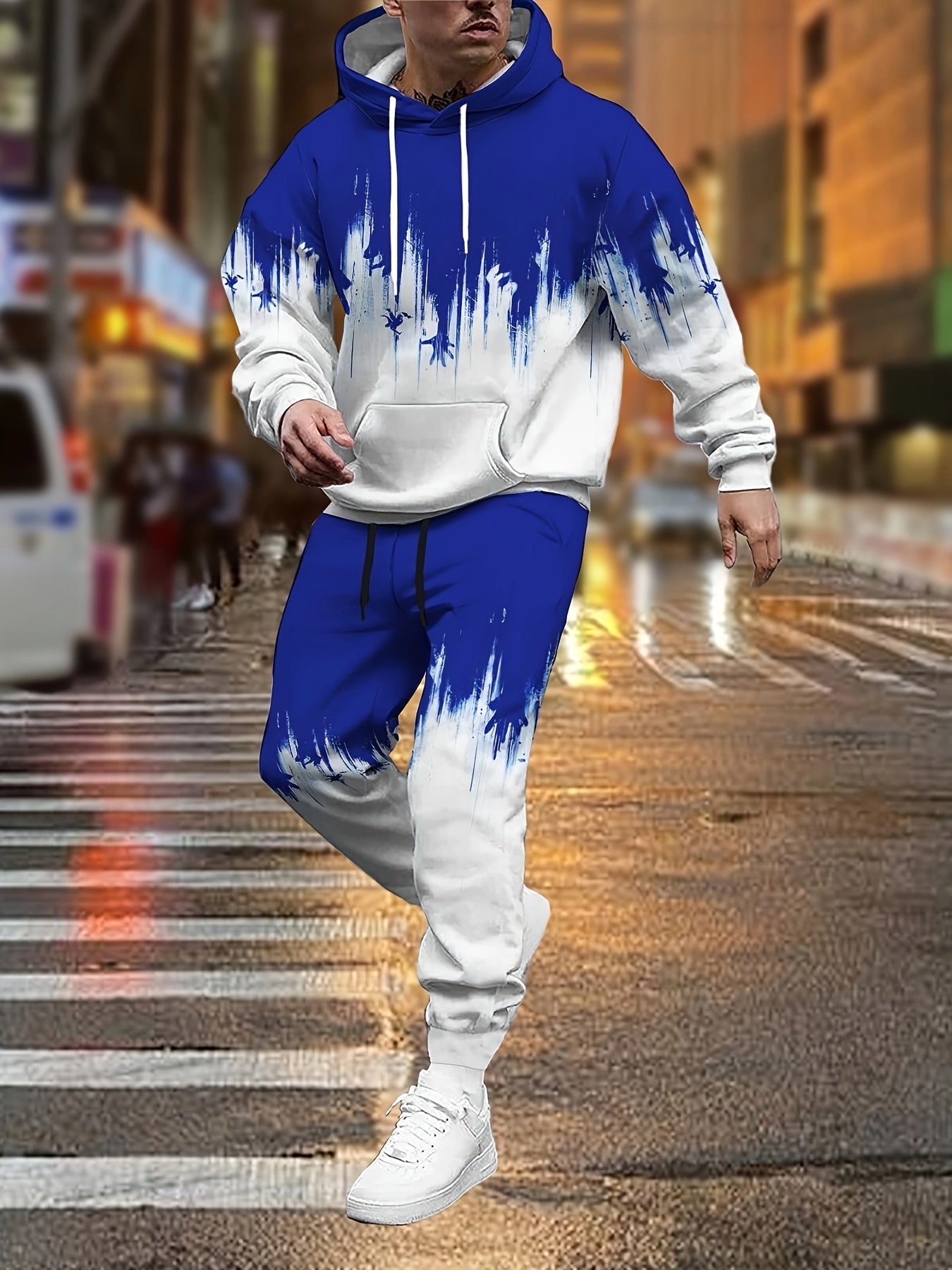 Men'S Plus Size Hoodie and Pants Set - Stylish Blue & White Geometric Print, Regular Fit, All-Over Design, Slight Stretch Fabric, Perfect for Casual Wear, PLUS SIZE