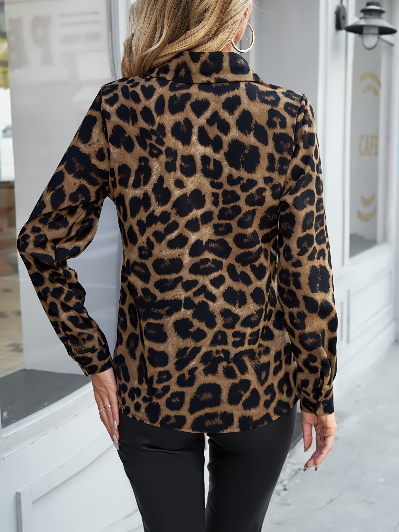 Leopard Print Polo Collar Button Shirt, Casual Long Sleeve Shirt For Spring & Fall, Women's Clothing
