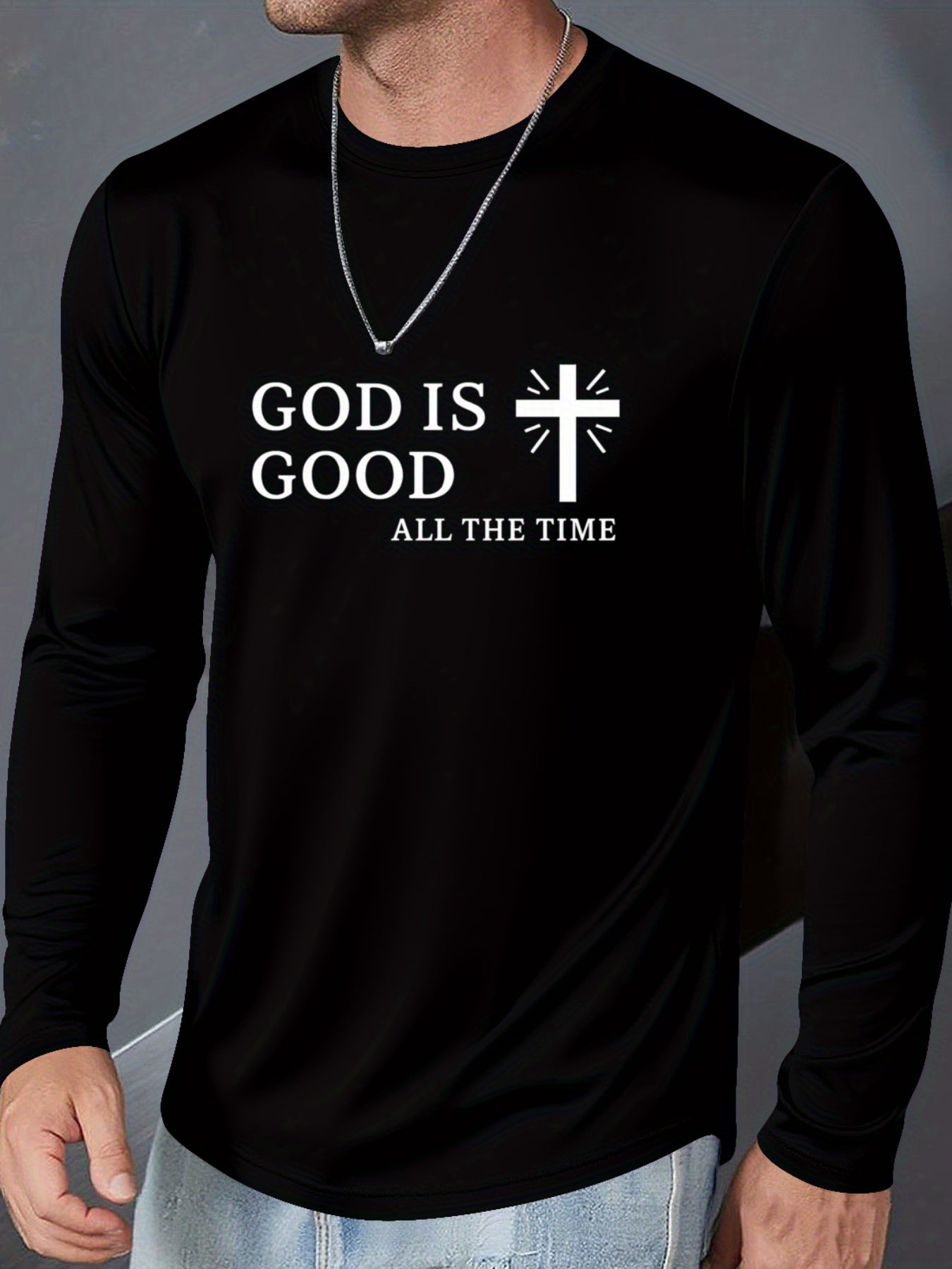 Men's Plus Size Christian Faith T-Shirt - Inspirational "GOD IS GOOD ALL THE TIME" & Cross Print, Breathable Long Sleeve Round Neck Casual Shirt for Church, Casual Attire, Spring/Fall Layering (Adults & Teens) - Comfortable R