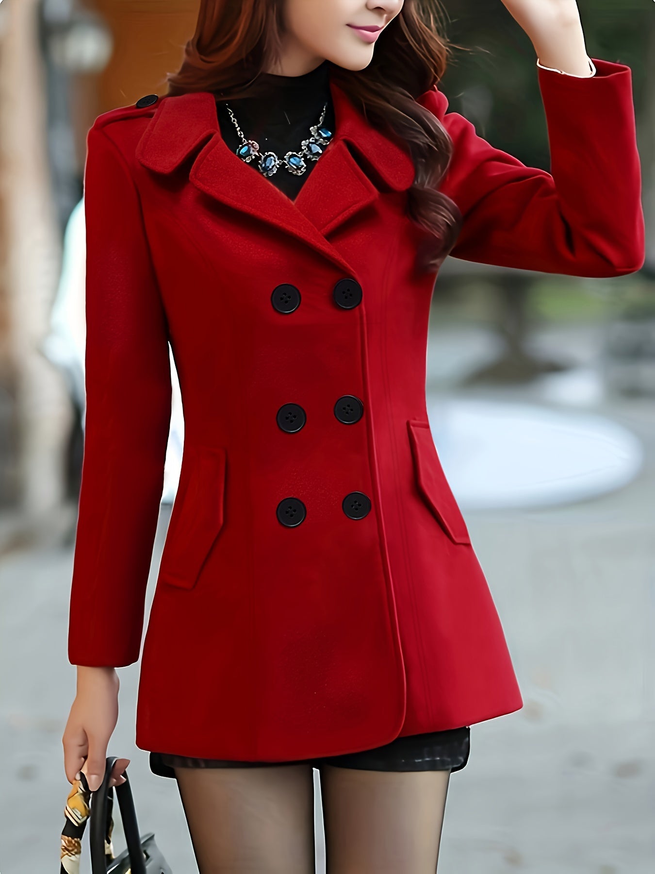 Women's Elegant Red Trench Coat with Black Buttons - Machine Washable Winter Coat, Tailored Fit for Fall & Winter, Versatile Casual to Formal Outerwear, Ladies Winter Coats, Casual to Formal Wear, Classic Trench Design, Durab
