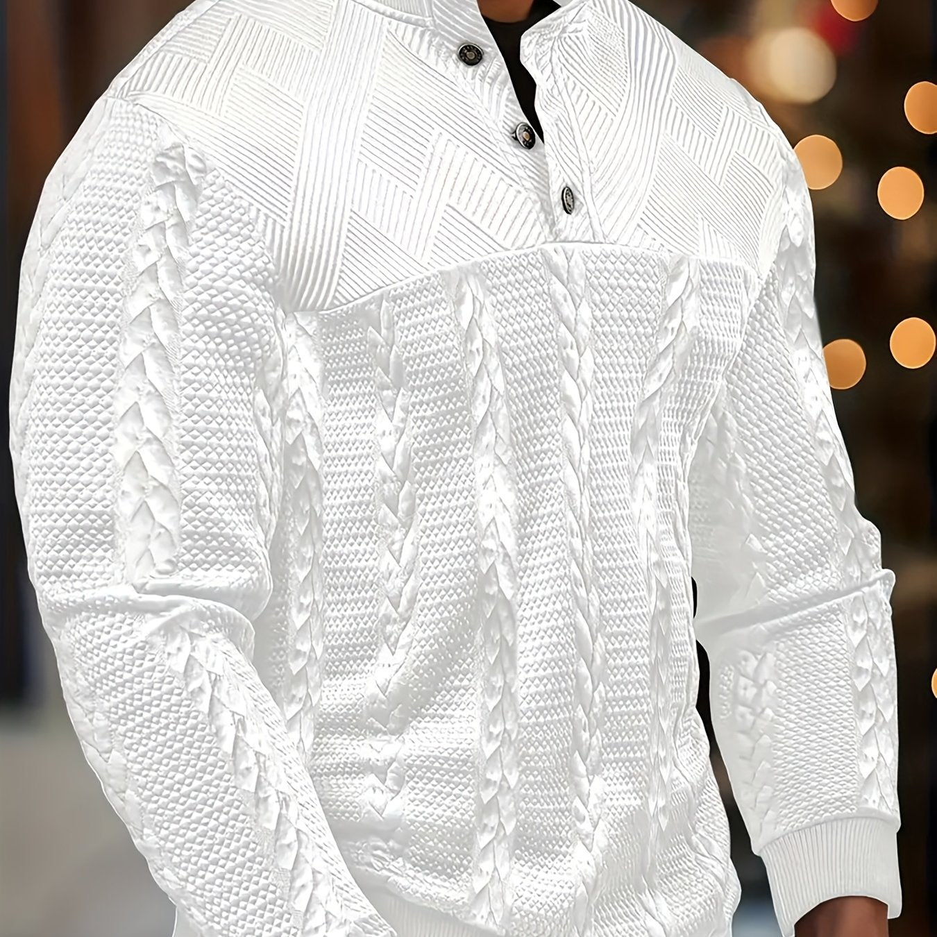 Men'S Jacquard Henley Shirt - Soft Stretch Long Sleeve Pullover with Button Front, Casual Knit Sweater for Fall/Winter, & Striped Design, Regular Fit Outdoor & Casual Attire, Winter Casual Wear | Striped Knitwear | Jacquard T