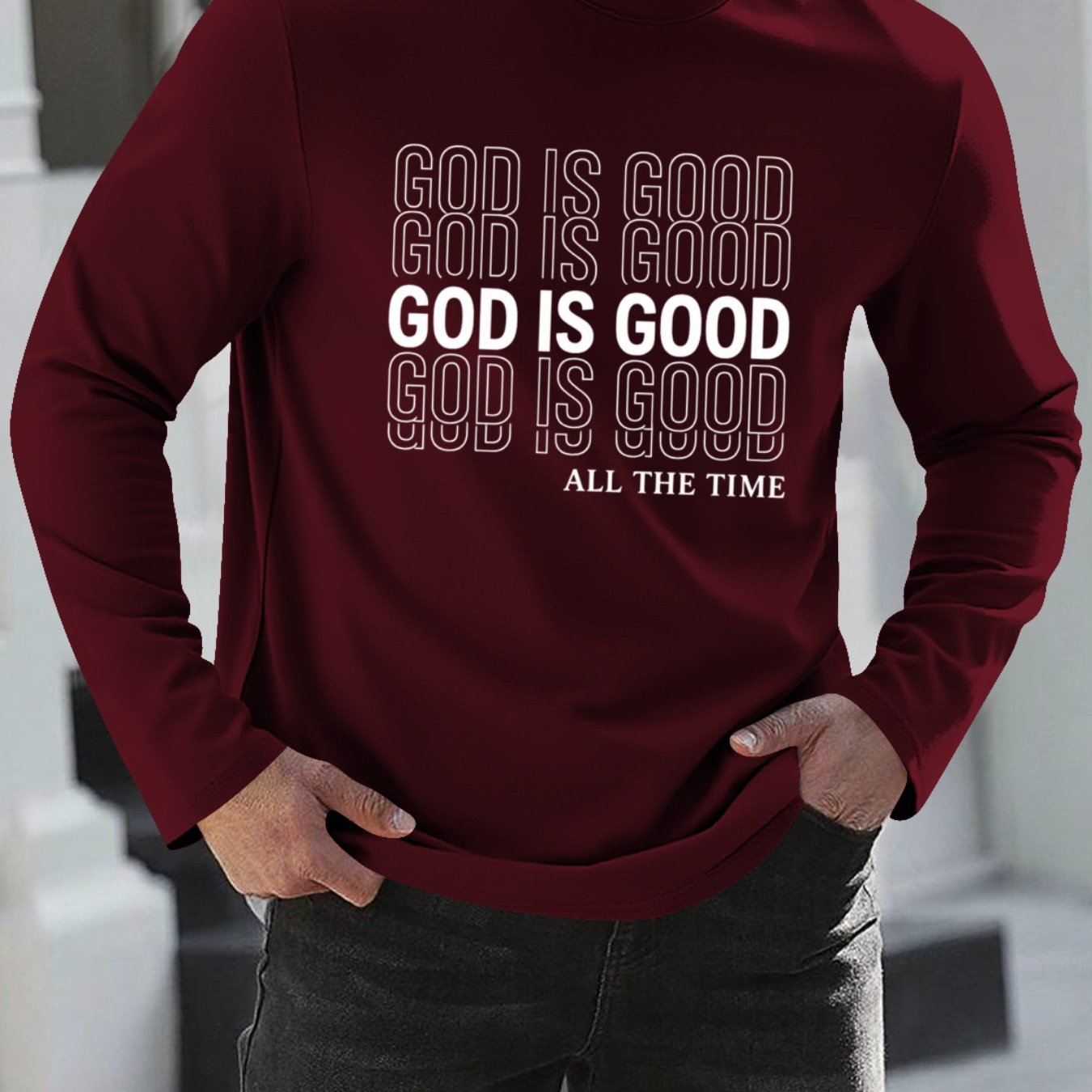 Men's Oversized Christian Faith T-Shirt with "God is Good All The Time" Print - Breathable Long Sleeve Casual Round Neck Shirt for Church, Casual Attire & Religious Events - Spring/Fall Comfort Fit (Adults & Teens) - Medium S
