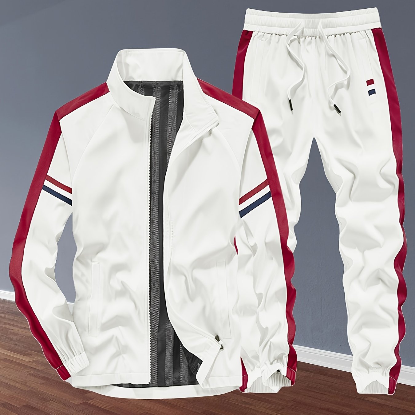 Unisex Sports Suits, Contrasting Colors, Stand-Up Collar Zipper Jacket + Side Striped Trousers, Spring And Autumn Leisure Fitness Two-Piece Suit