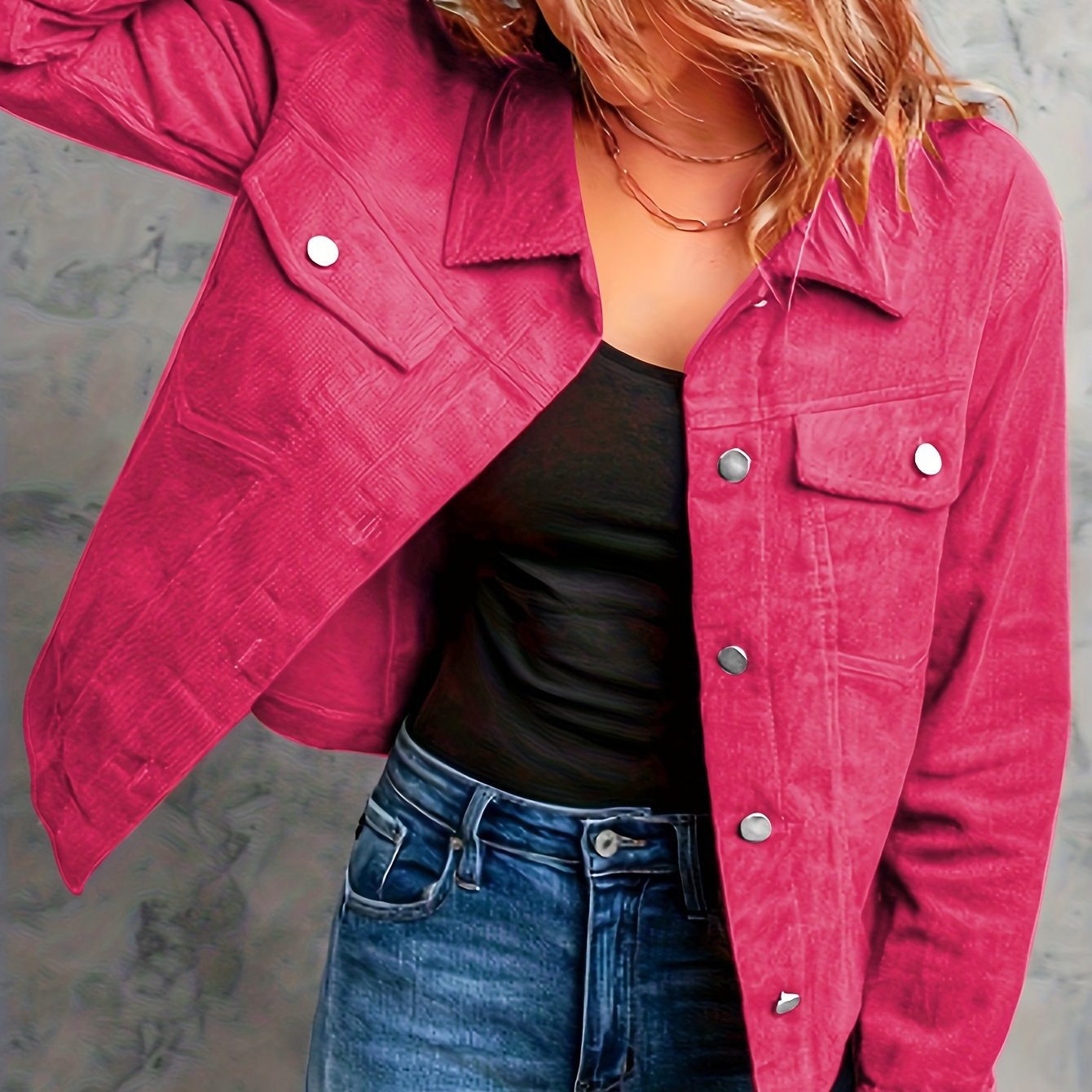 Corduroy Button Front Flap Pockets Jacket, Casual Long Sleeve Jacket For Spring & Fall, Women's Clothing