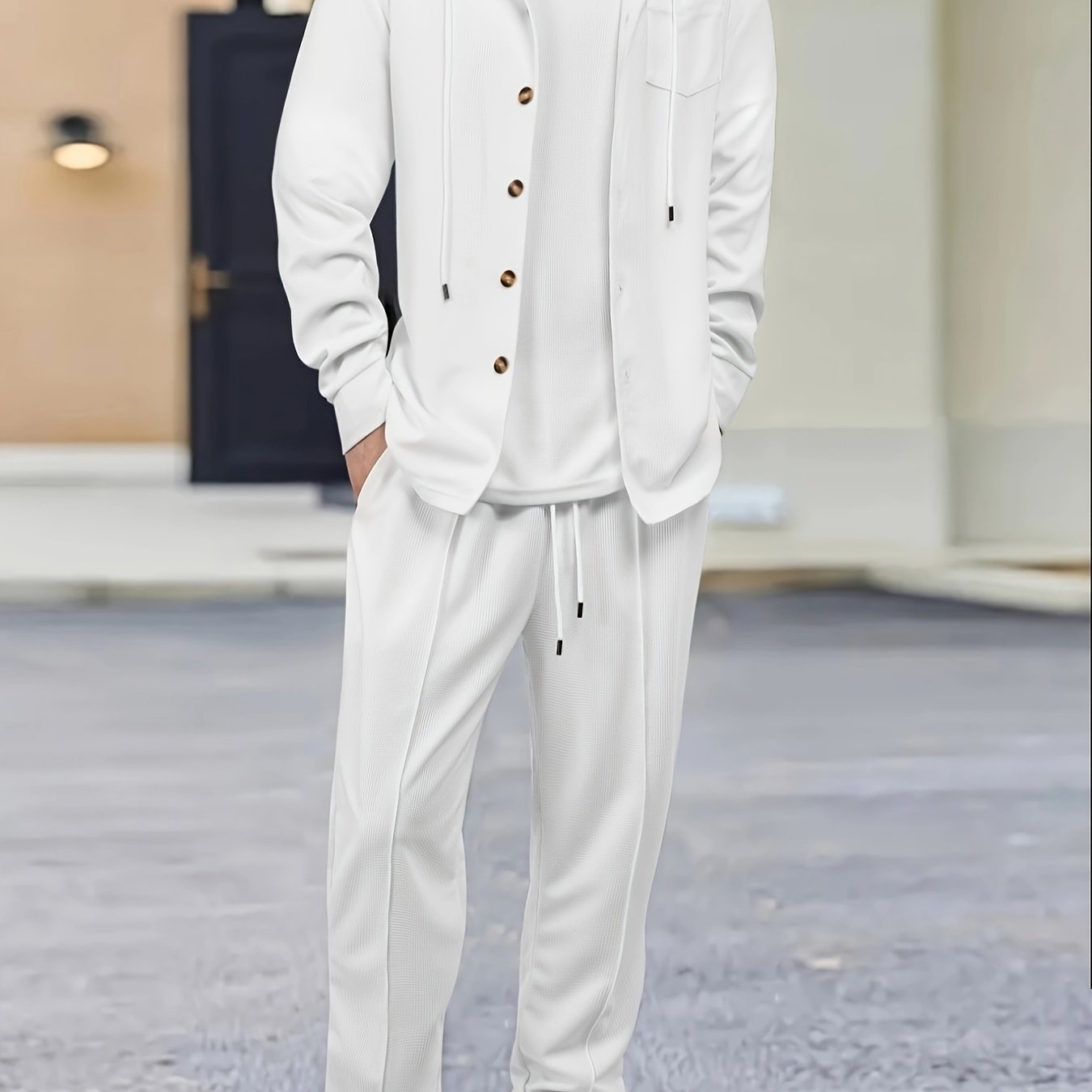 Men's Two-Piece Waffle Knit Set with Hooded Button-Up Cardigan and Drawstring Sweatpants Casual Wear Comfortable Outfit for Spring/Autumn