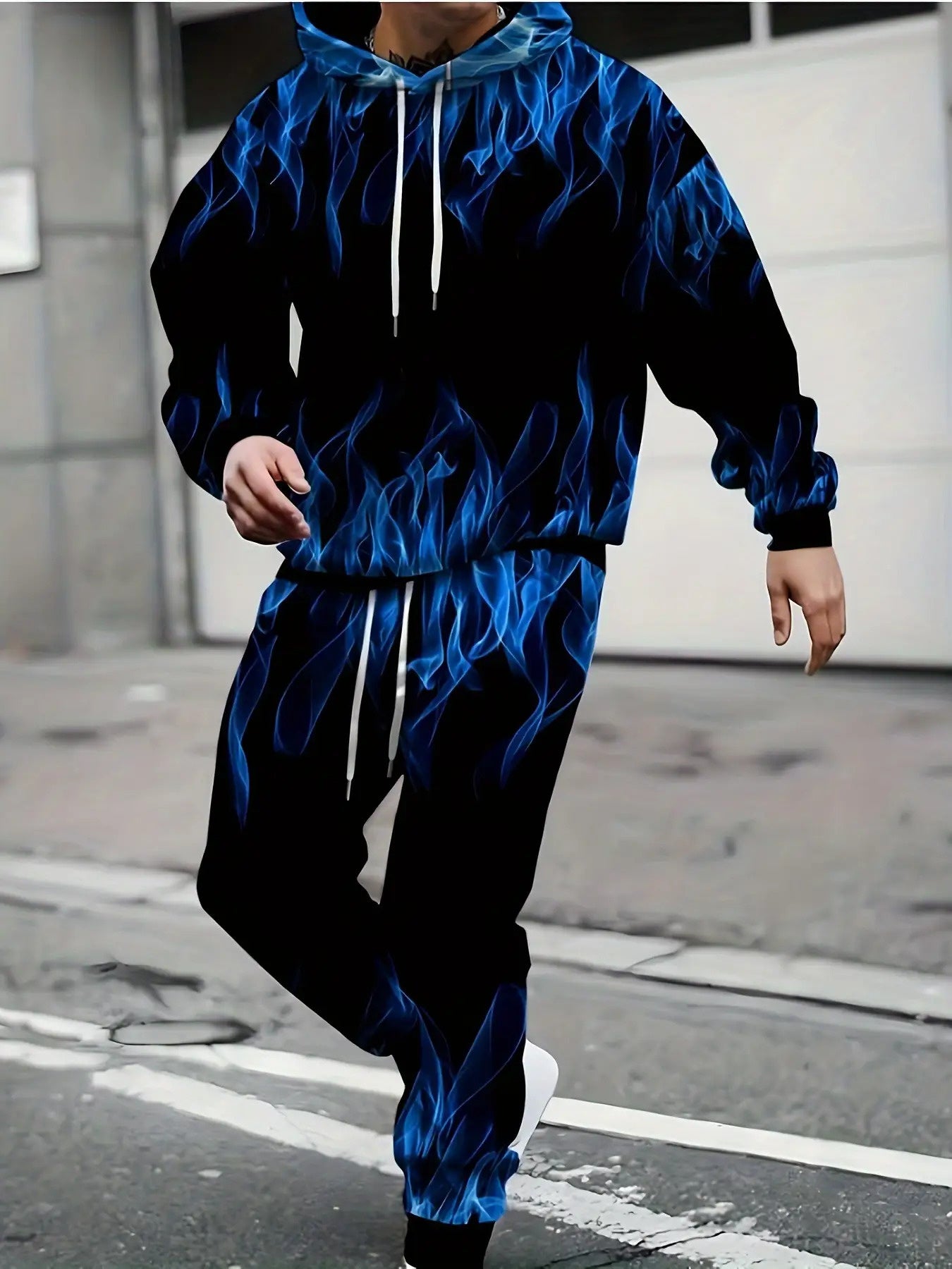 1 Set Men'S Plus Size Casual Athletic Sweatshirt and Pants Set - Vibrant Blue Flame Print, Polyester Knit Fabric, Slight Stretch, Regular Fit, Machine Washable, Ideal for Casual Attire, PLUS SIZE
